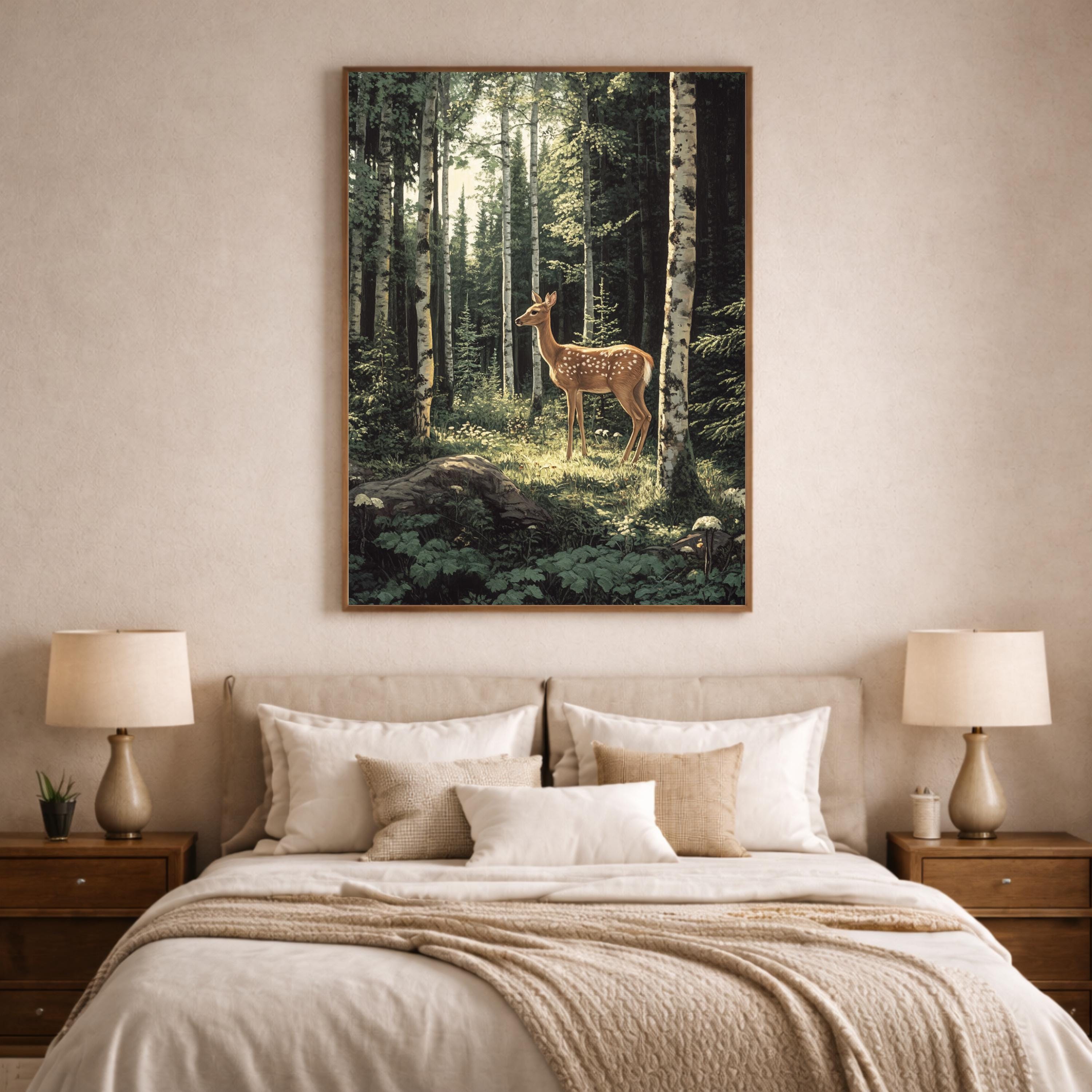 Birch Forest Fawn Wall Art Print, Large Framed Woodland Deer Canvas Decor, Nature Living Room Wall Decor, Rustic Cabin Animal Wall Art Decor