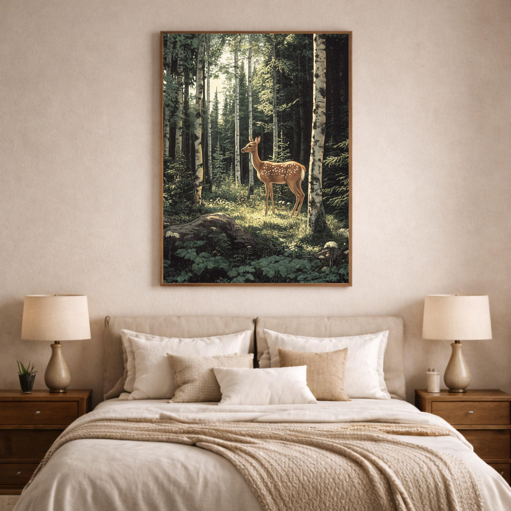 Birch Forest Fawn Wall Art Print, Large Framed Woodland Deer Canvas Decor, Nature Living Room Wall Decor, Rustic Cabin Animal Wall Art Decor