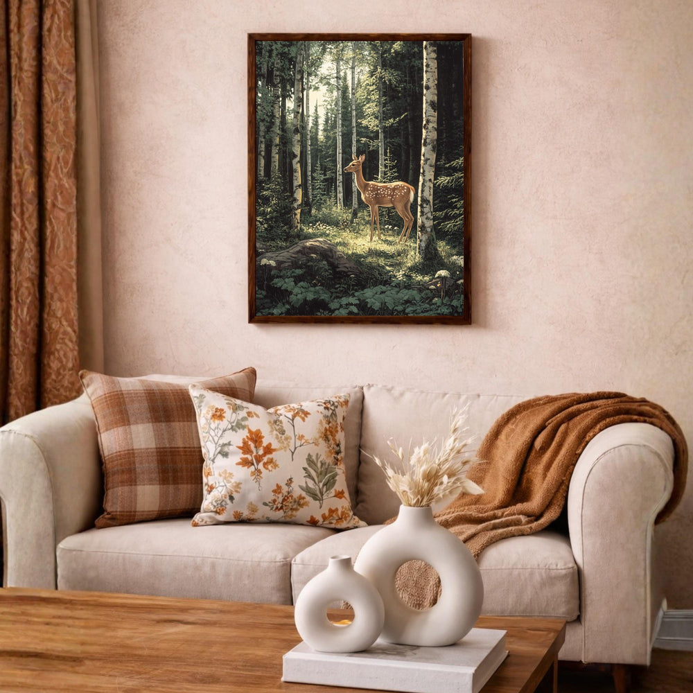 Birch Forest Fawn Wall Art Print, Large Framed Woodland Deer Canvas Decor, Nature Living Room Wall Decor, Rustic Cabin Animal Wall Art Decor