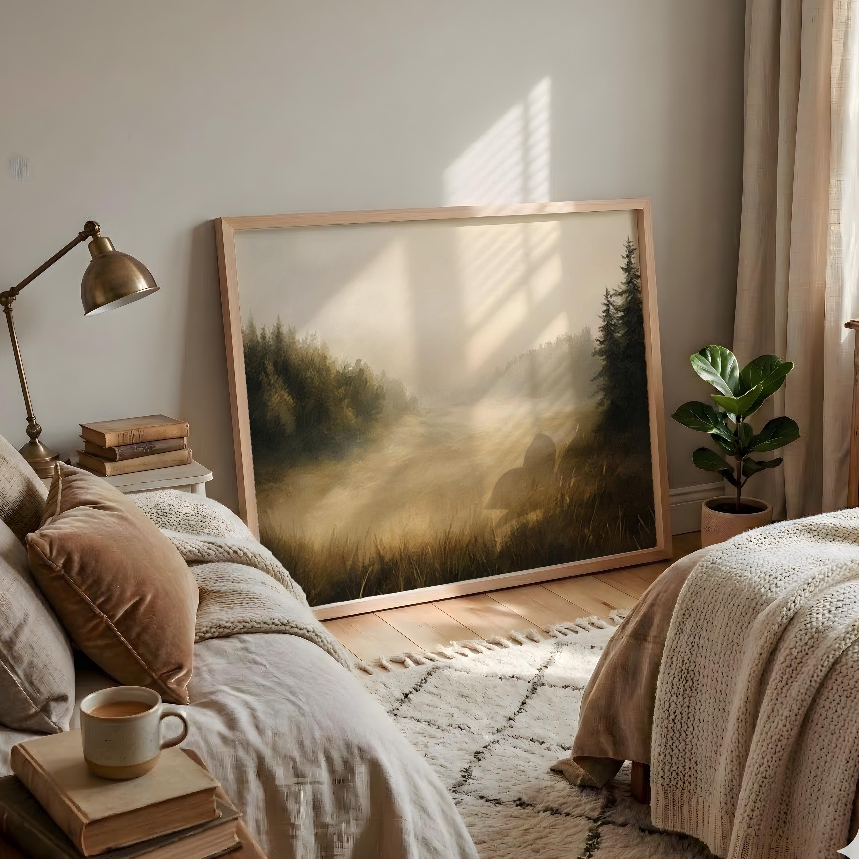 Golden Mist Landscape Wall Art, Moody Forest Field Print, Rustic Country Decor