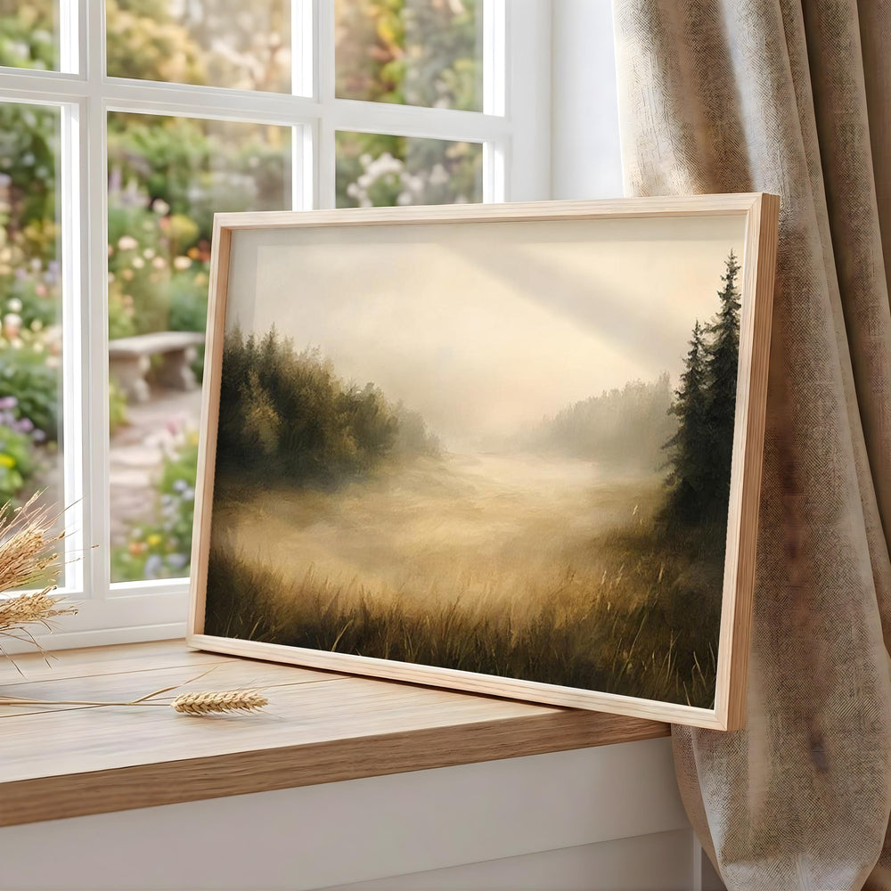 Golden Mist Landscape Wall Art, Moody Forest Field Print, Rustic Country Decor