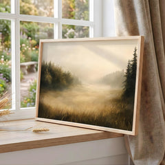 Golden Mist Landscape Wall Art, Moody Forest Field Print, Rustic Country Decor