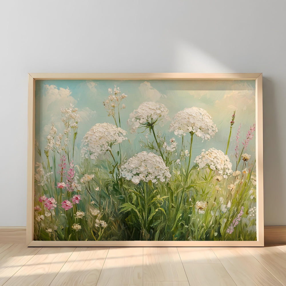 White Wildflower Wall Art, Cottage Garden Landscape Print, Rustic Farmhouse Framed Canvas, Botanical Home Decor, Serene Floral Accent