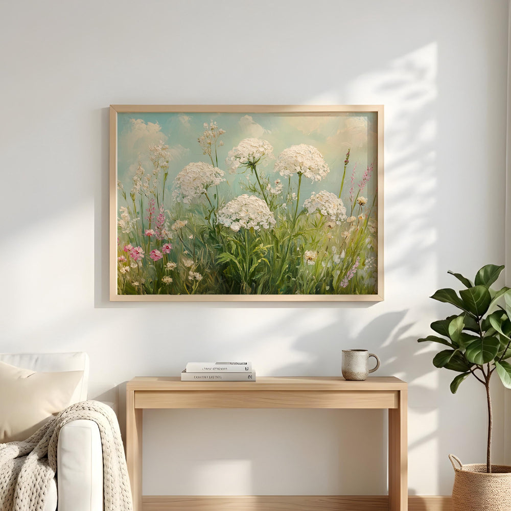 White Wildflower Wall Art, Cottage Garden Landscape Print, Rustic Farmhouse Framed Canvas, Botanical Home Decor, Serene Floral Accent