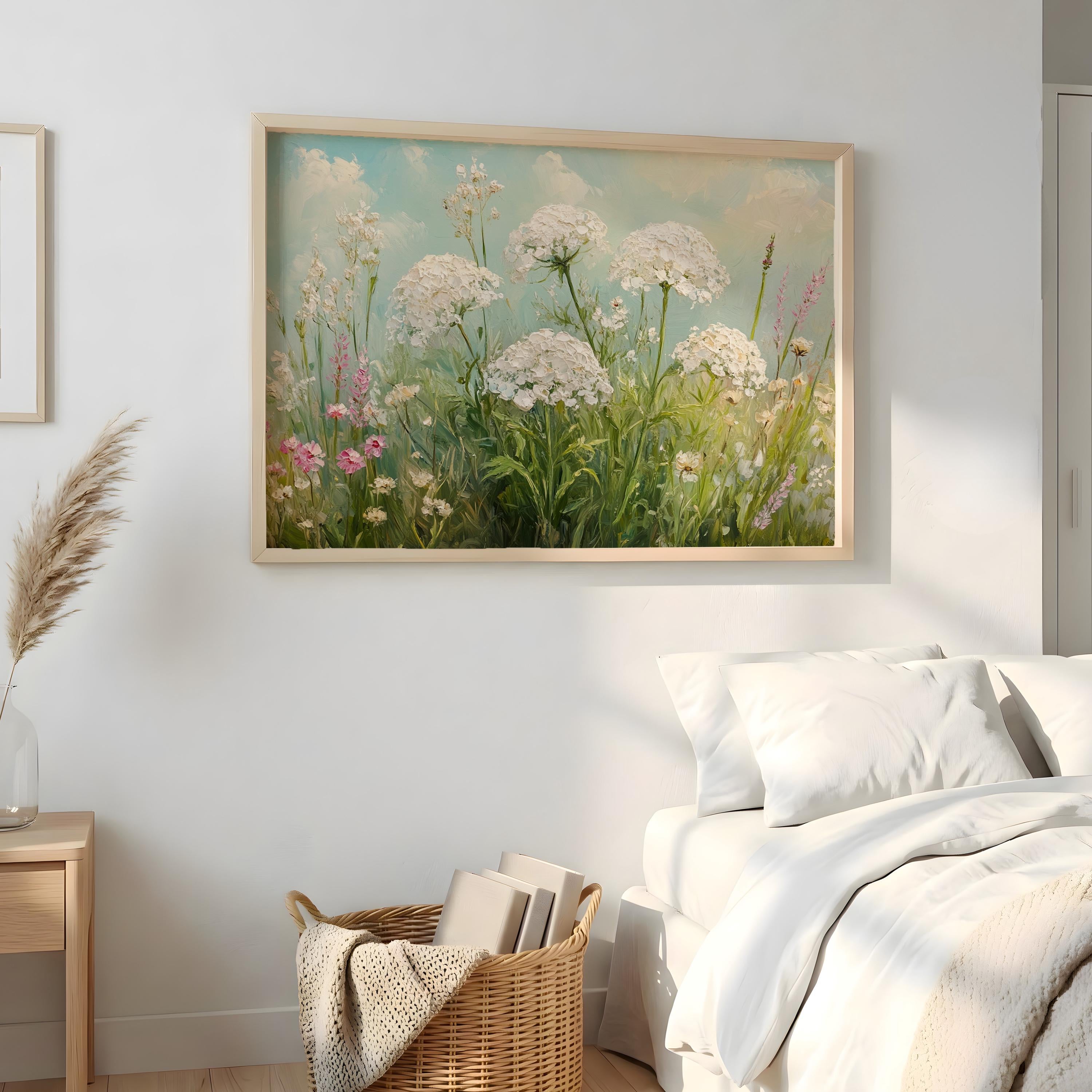 White Wildflower Wall Art, Cottage Garden Landscape Print, Rustic Farmhouse Framed Canvas, Botanical Home Decor, Serene Floral Accent