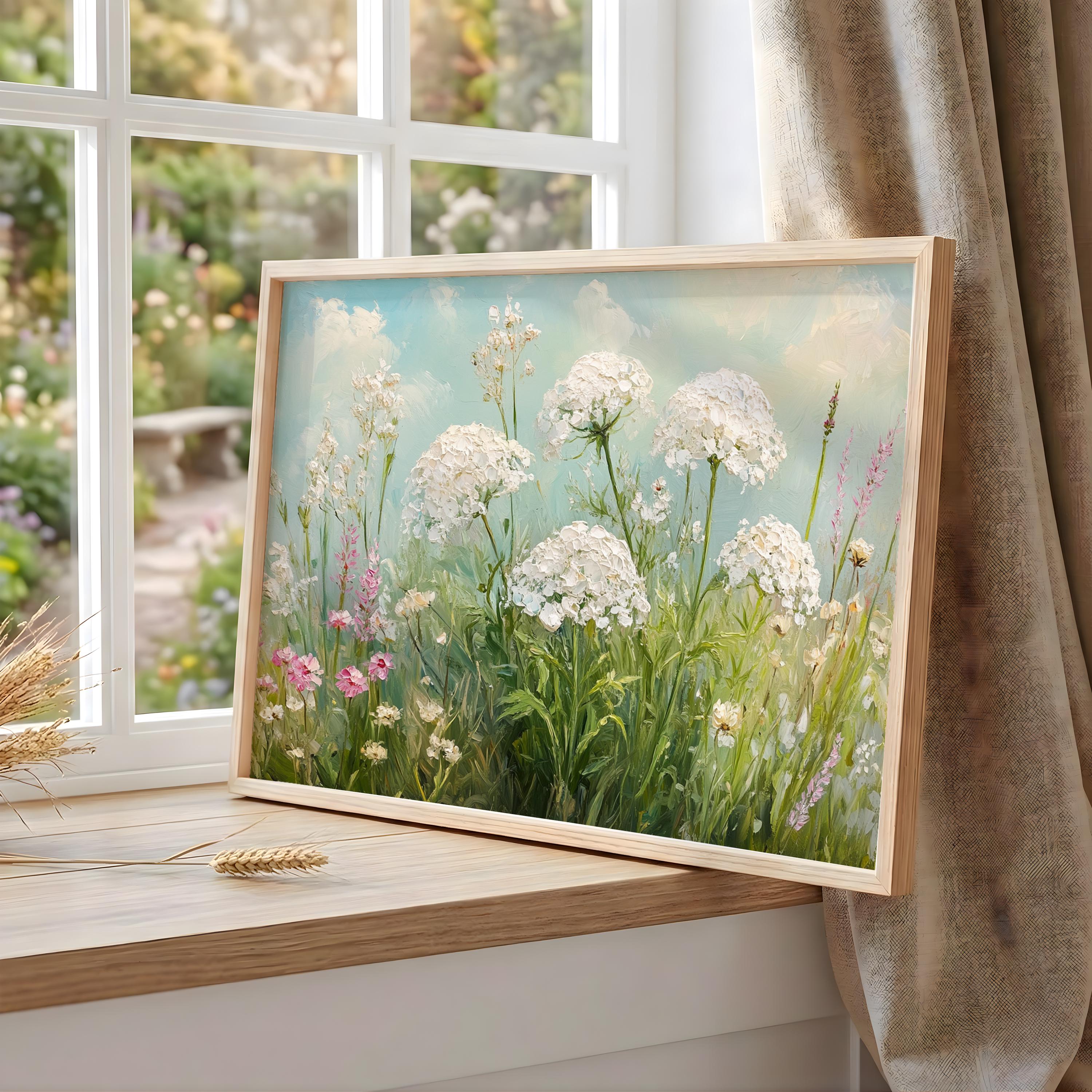 White Wildflower Wall Art, Cottage Garden Landscape Print, Rustic Farmhouse Framed Canvas, Botanical Home Decor, Serene Floral Accent