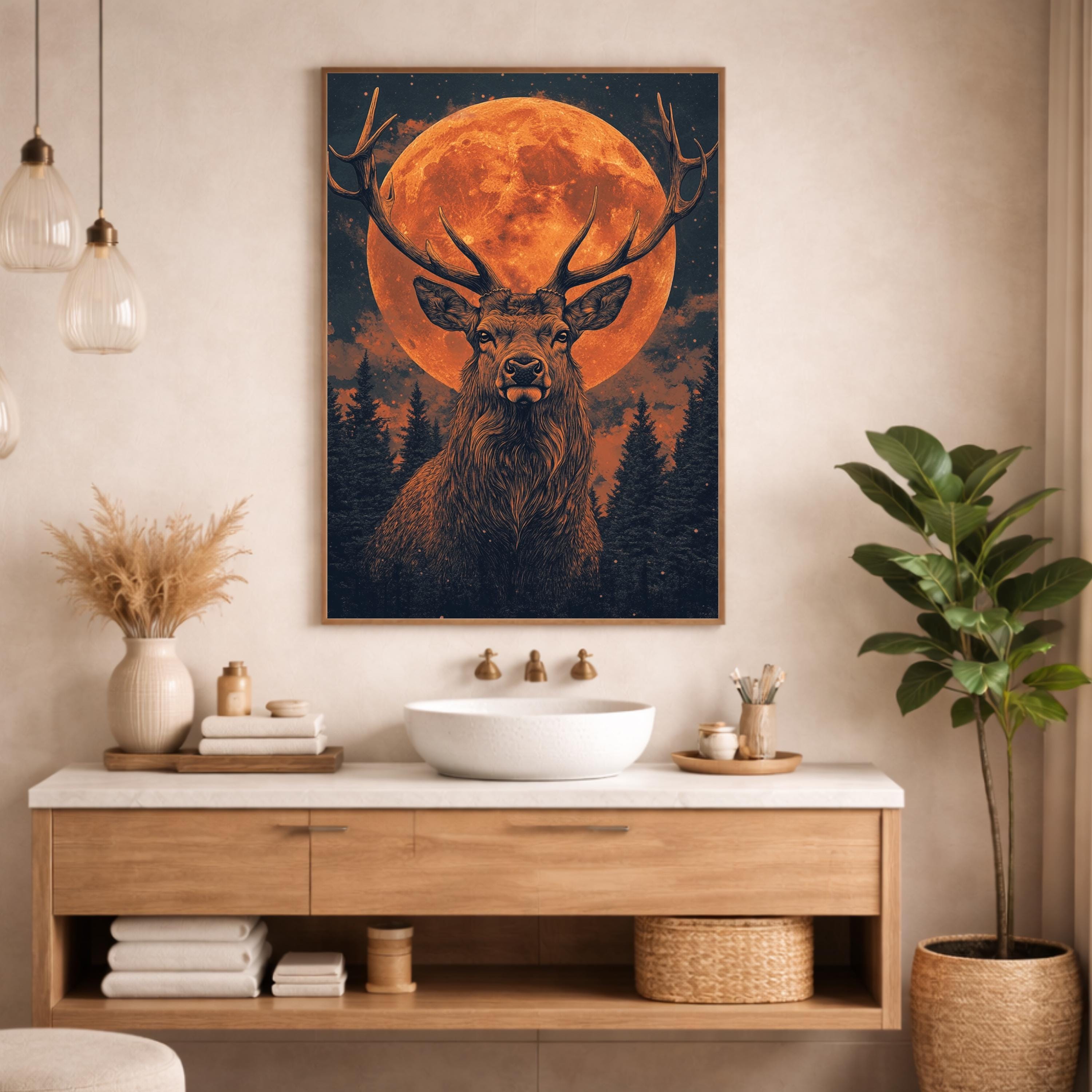 Lunar Stag Portrait Wall Art Print, Ember Moon Deer Canvas Decor, Night Forest Living Room Wall Decor, Rustic Cabin Animal Wall Art