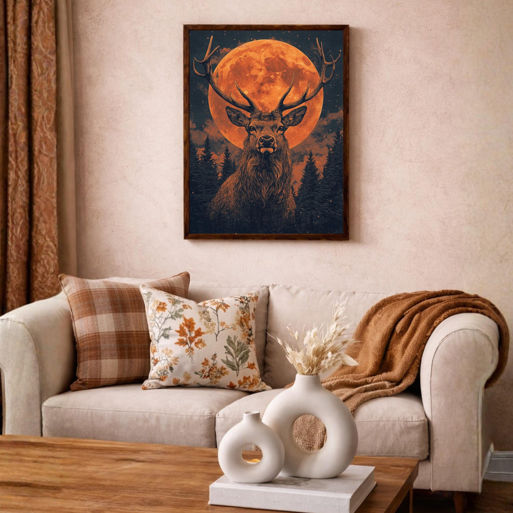 Lunar Stag Portrait Wall Art Print, Ember Moon Deer Canvas Decor, Night Forest Living Room Wall Decor, Rustic Cabin Animal Wall Art