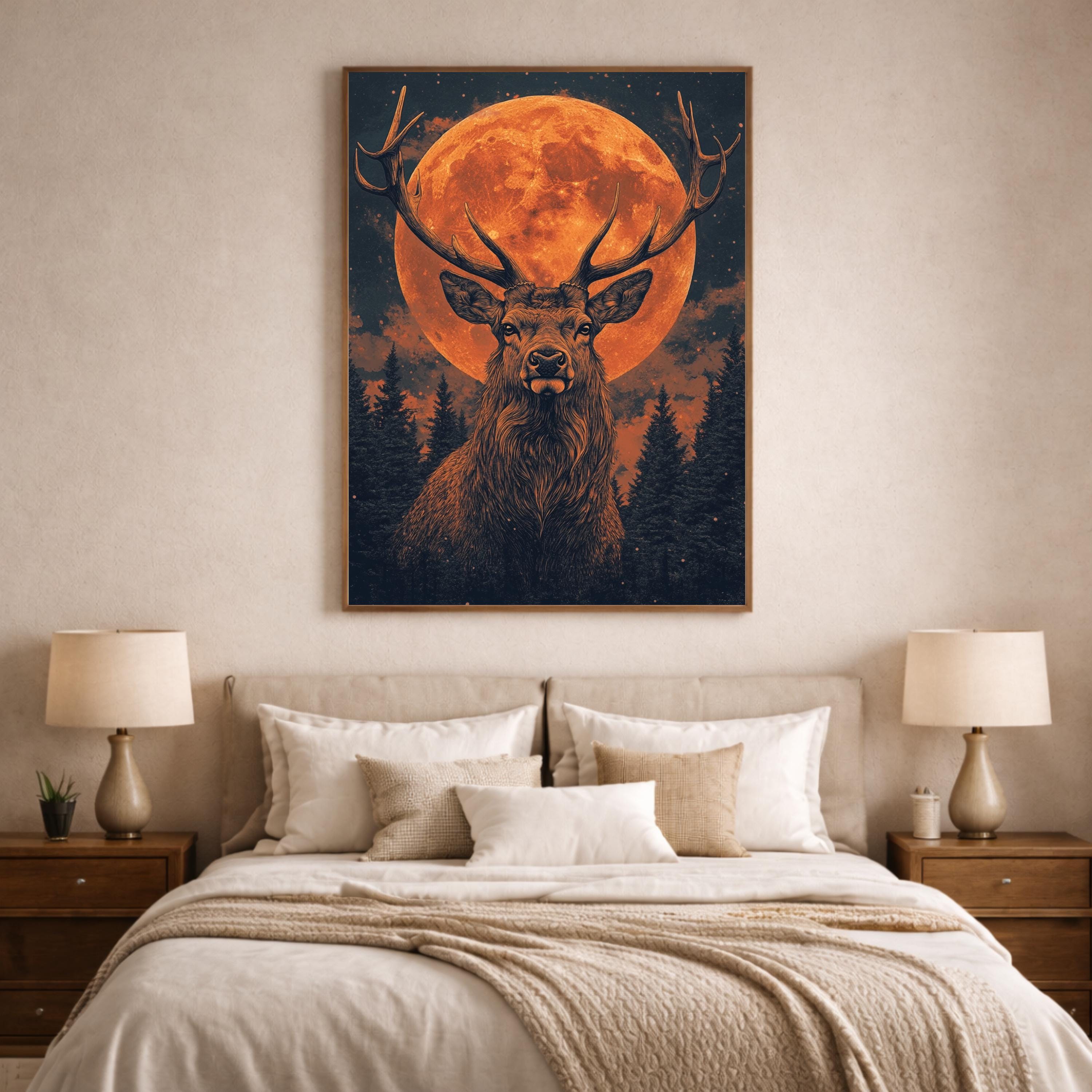Lunar Stag Portrait Wall Art Print, Ember Moon Deer Canvas Decor, Night Forest Living Room Wall Decor, Rustic Cabin Animal Wall Art