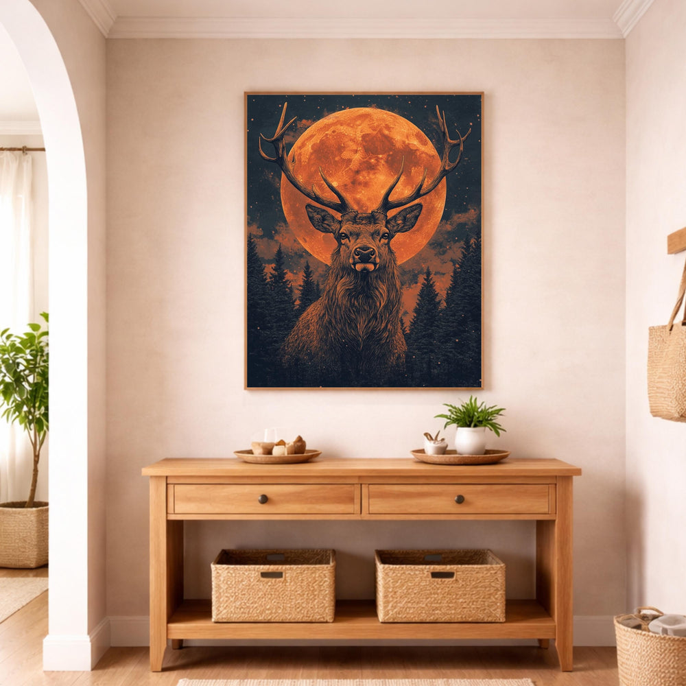 Lunar Stag Portrait Wall Art Print, Ember Moon Deer Canvas Decor, Night Forest Living Room Wall Decor, Rustic Cabin Animal Wall Art