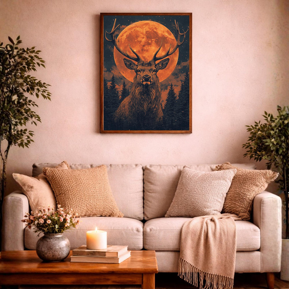 Lunar Stag Portrait Wall Art Print, Ember Moon Deer Canvas Decor, Night Forest Living Room Wall Decor, Rustic Cabin Animal Wall Art