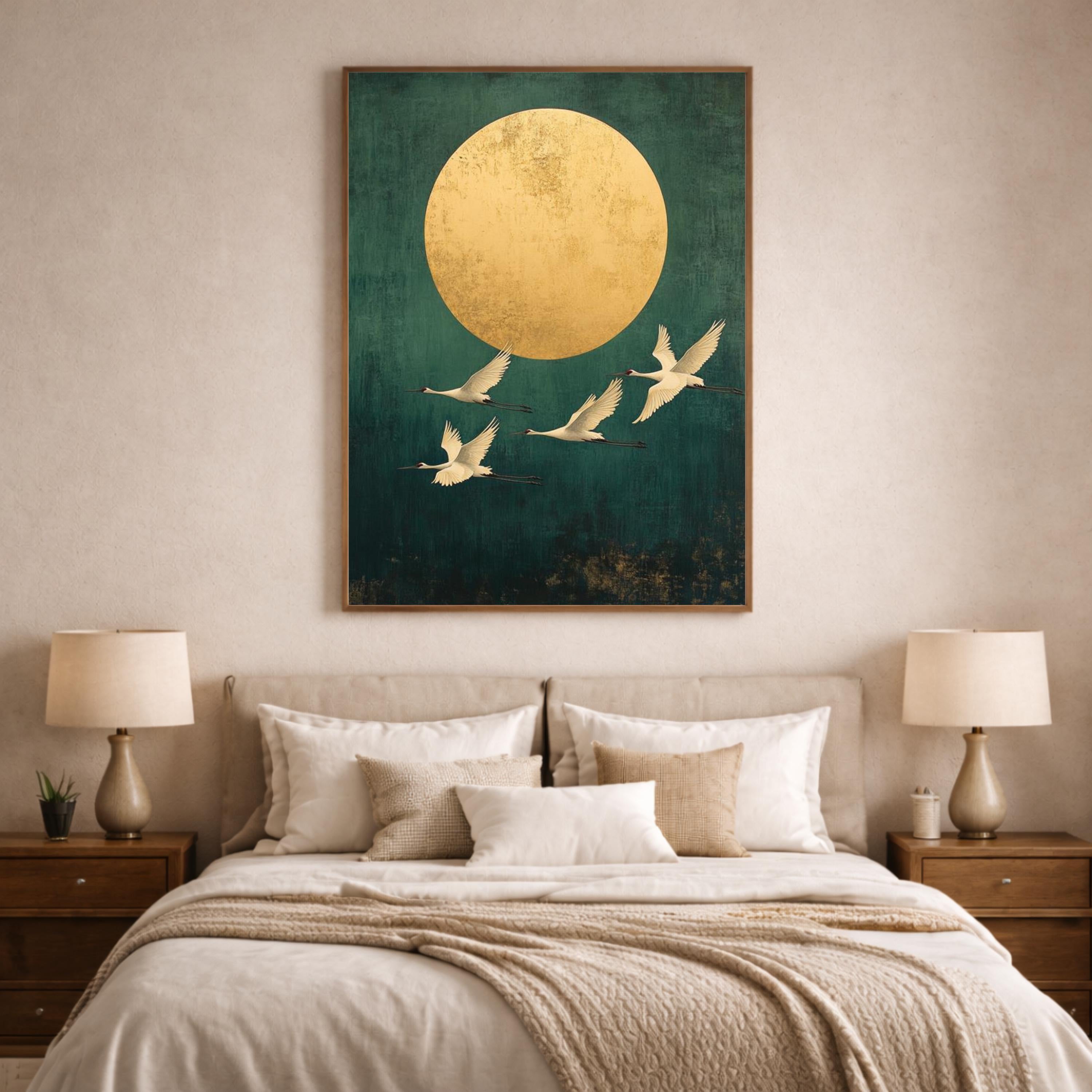 Gold Sun Crane Wall Art Print, Serene Bird Flight Canvas Decor, Minimal Oriental Living Room Wall Decor, Large Framed Nature Wall Art Print