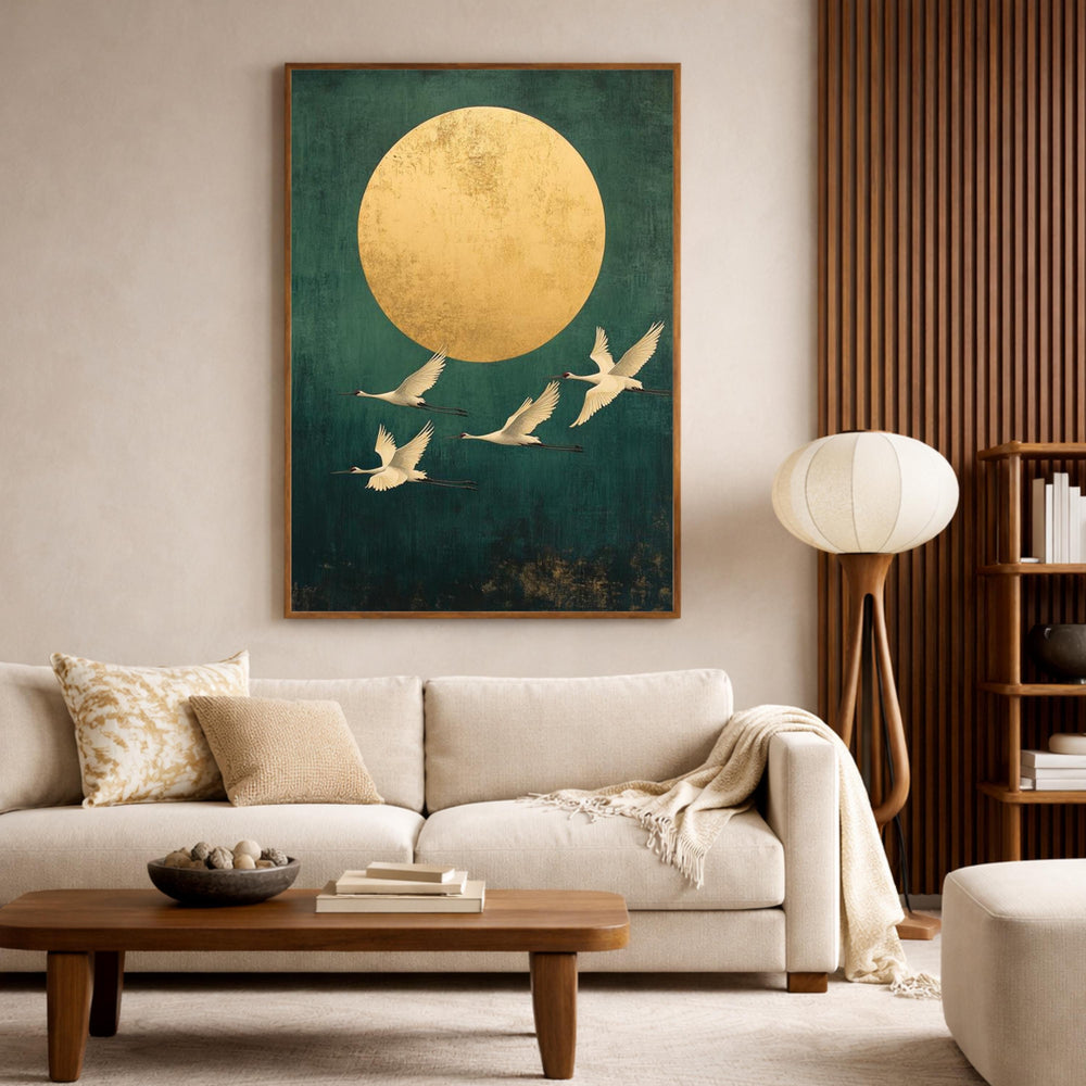 Gold Sun Crane Wall Art Print, Serene Bird Flight Canvas Decor, Minimal Oriental Living Room Wall Decor, Large Framed Nature Wall Art Print