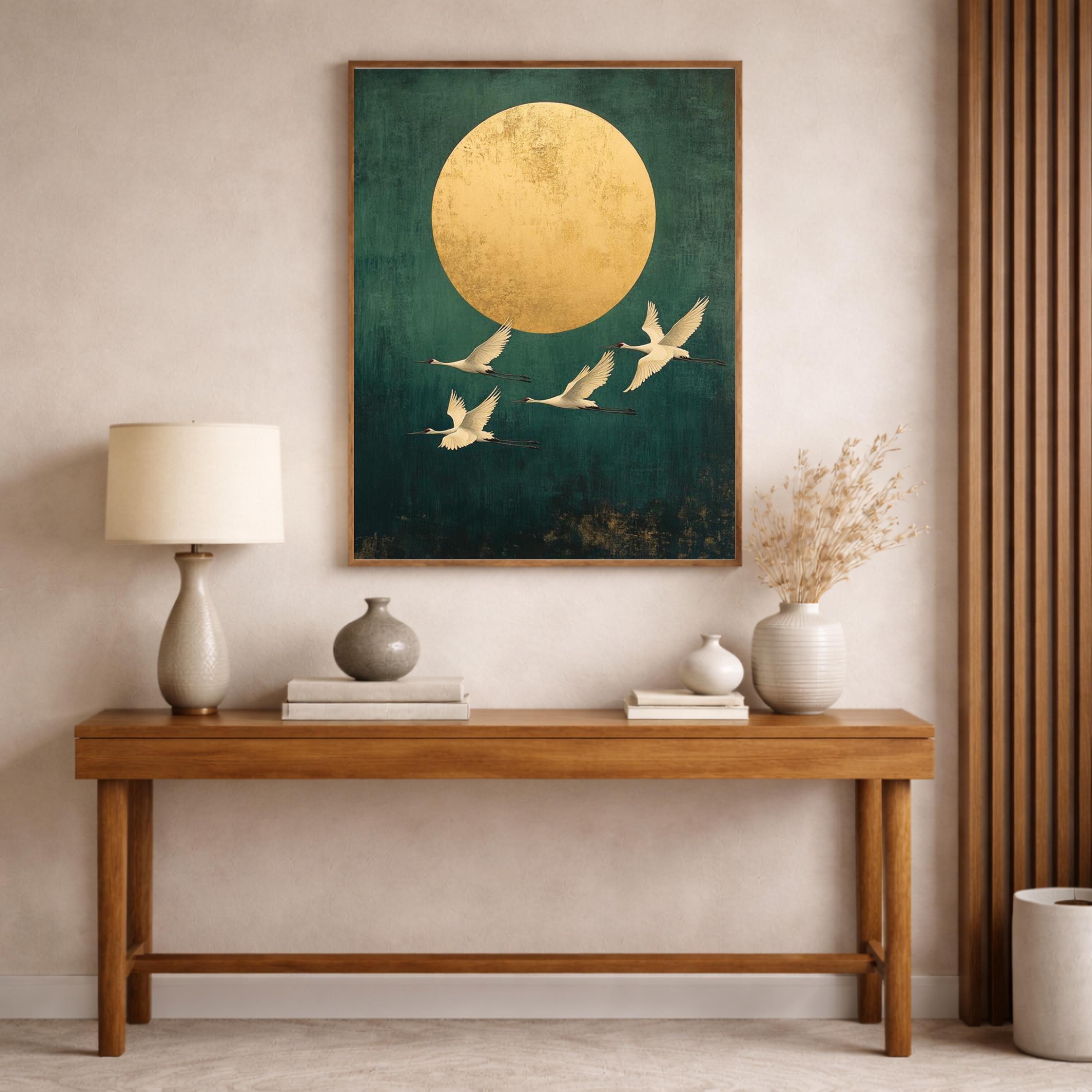 Gold Sun Crane Wall Art Print, Serene Bird Flight Canvas Decor, Minimal Oriental Living Room Wall Decor, Large Framed Nature Wall Art Print