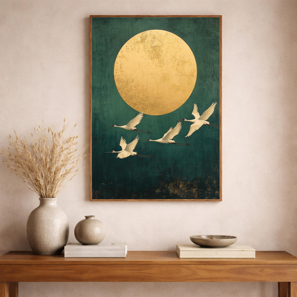 Gold Sun Crane Wall Art Print, Serene Bird Flight Canvas Decor, Minimal Oriental Living Room Wall Decor, Large Framed Nature Wall Art Print
