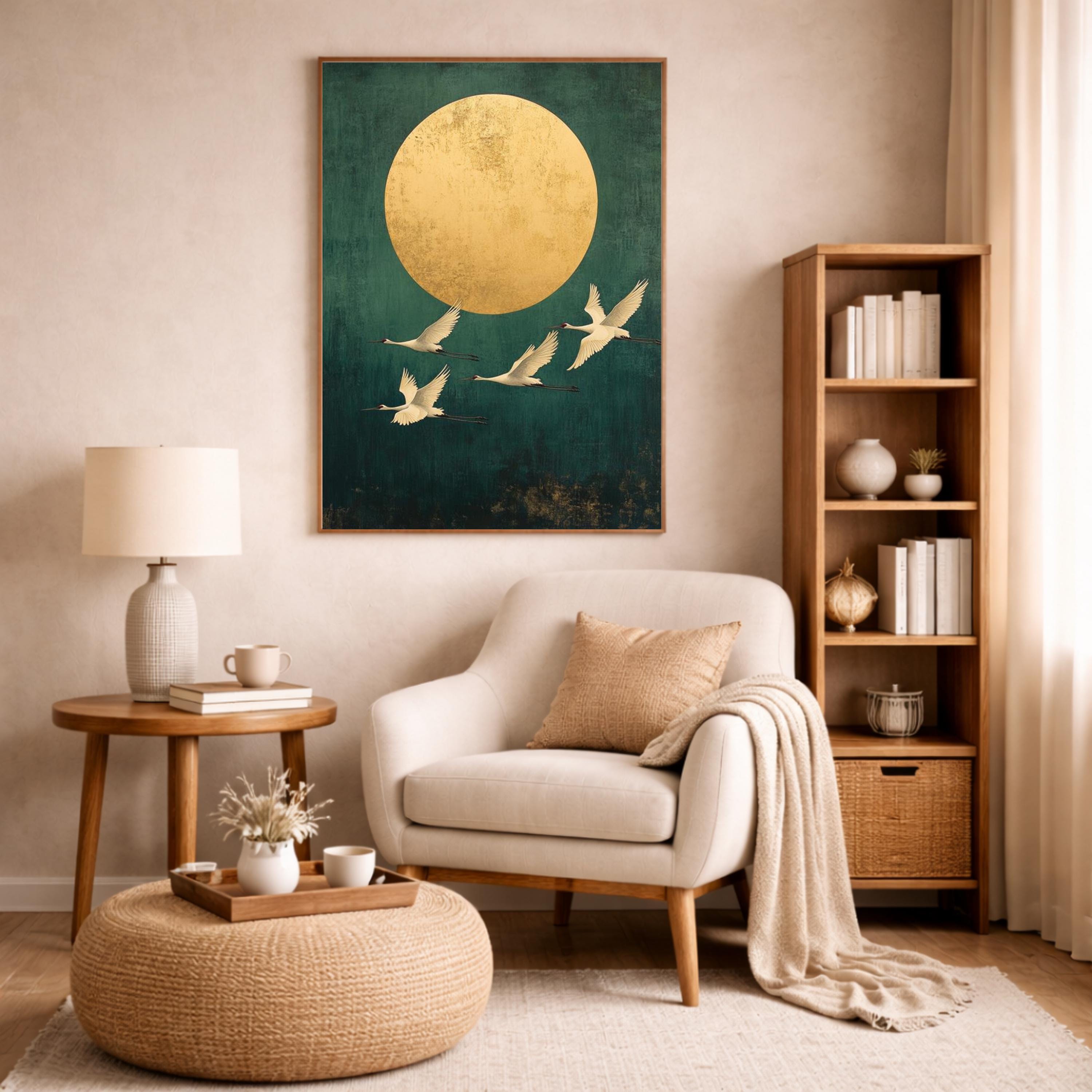 Gold Sun Crane Wall Art Print, Serene Bird Flight Canvas Decor, Minimal Oriental Living Room Wall Decor, Large Framed Nature Wall Art Print