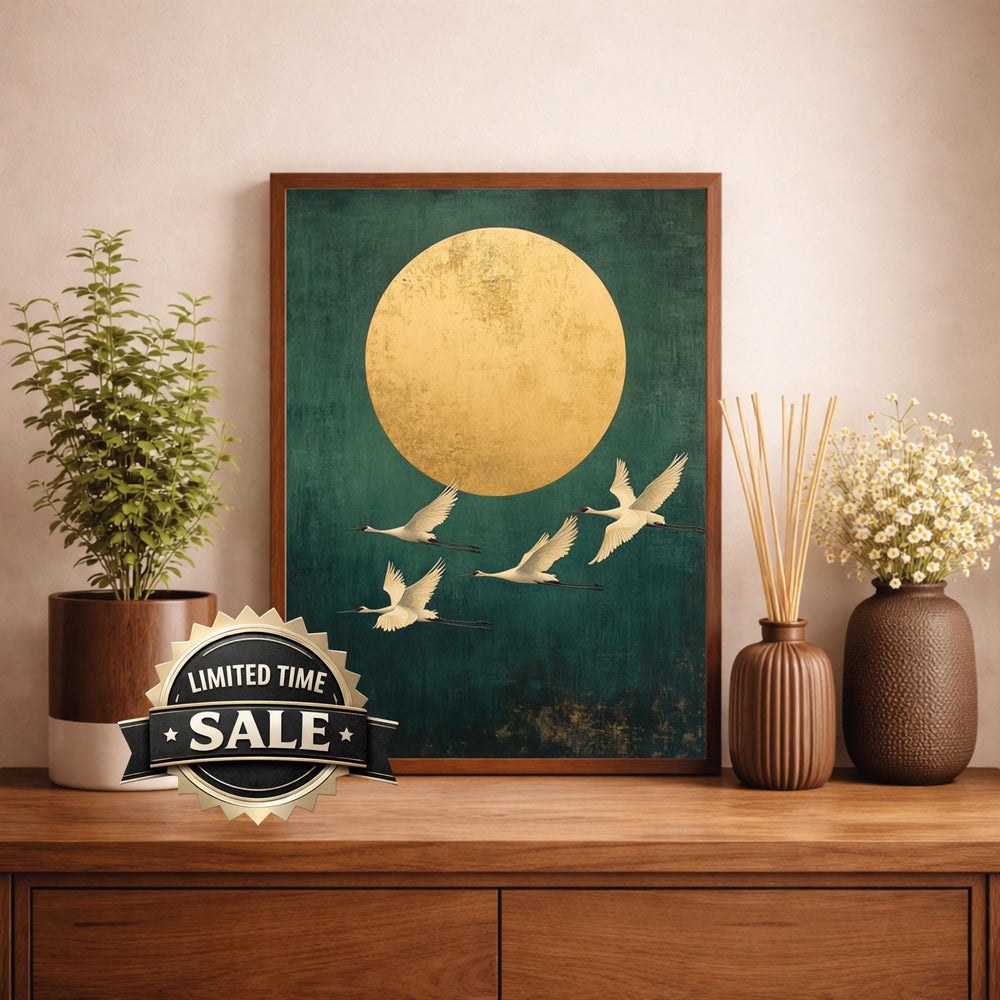 Gold Sun Crane Wall Art Print, Serene Bird Flight Canvas Decor, Minimal Oriental Living Room Wall Decor, Large Framed Nature Wall Art Print