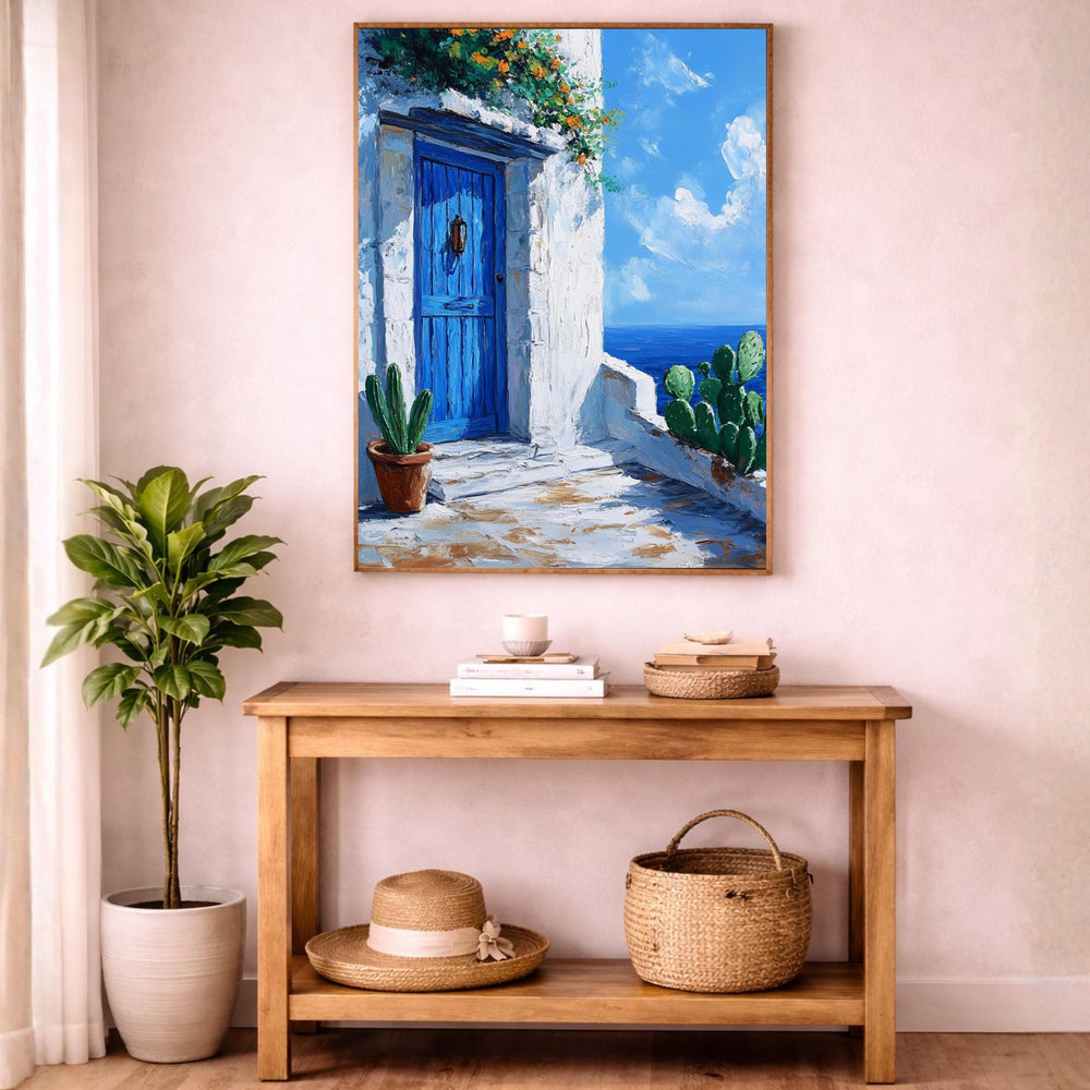 Seaside Blue Doorway Wall Art Print, Large Framed Sunlit Coastal Entry Canvas Decor, Mediterranean Living Room Wall Decor, European Home Art