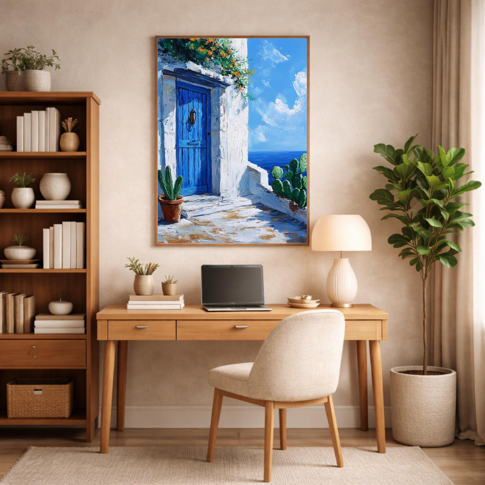 Seaside Blue Doorway Wall Art Print, Large Framed Sunlit Coastal Entry Canvas Decor, Mediterranean Living Room Wall Decor, European Home Art