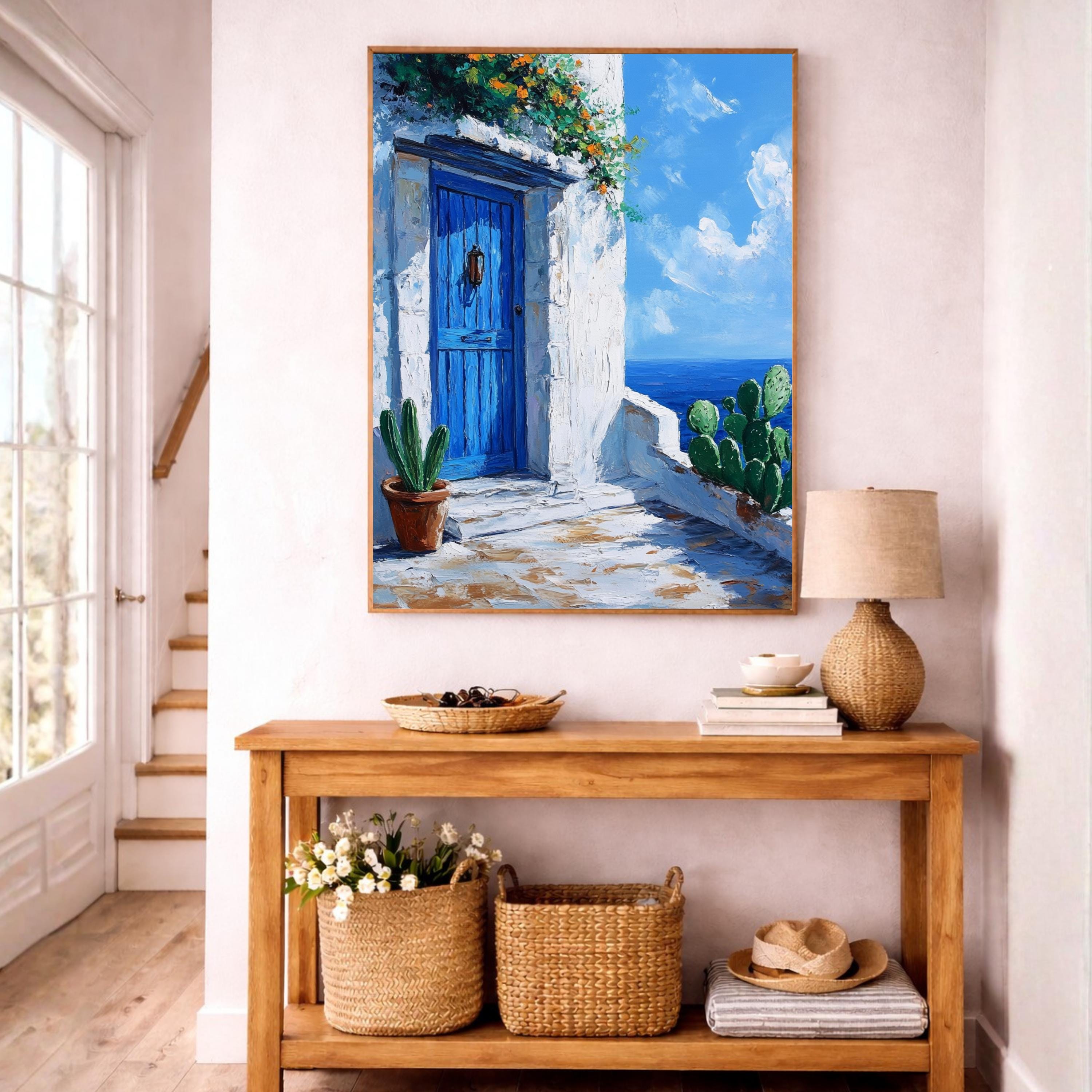 Seaside Blue Doorway Wall Art Print, Large Framed Sunlit Coastal Entry Canvas Decor, Mediterranean Living Room Wall Decor, European Home Art