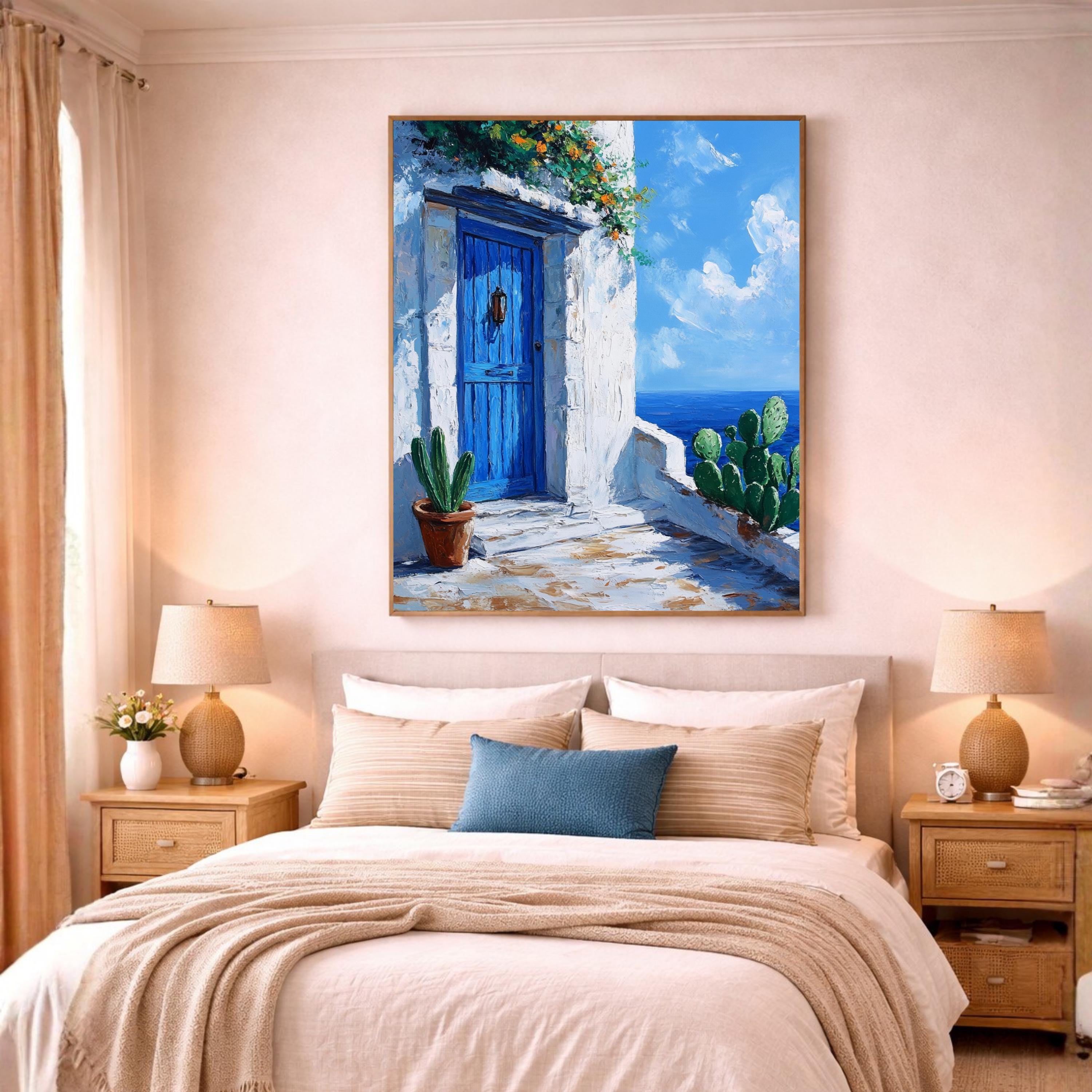 Seaside Blue Doorway Wall Art Print, Large Framed Sunlit Coastal Entry Canvas Decor, Mediterranean Living Room Wall Decor, European Home Art