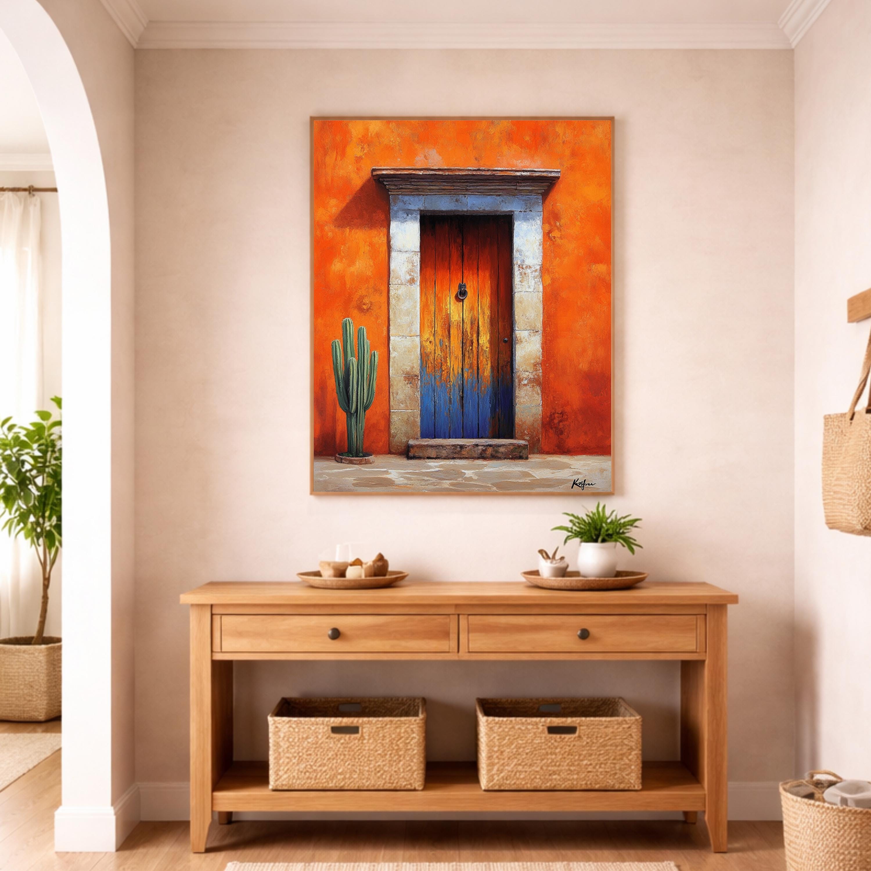 Terracotta Doorway Wall Art Print, Large Framed Sunbaked Adobe Door Canvas Decor, Warm Desert Living Room Wall Decor, Rustic Entry Home Art