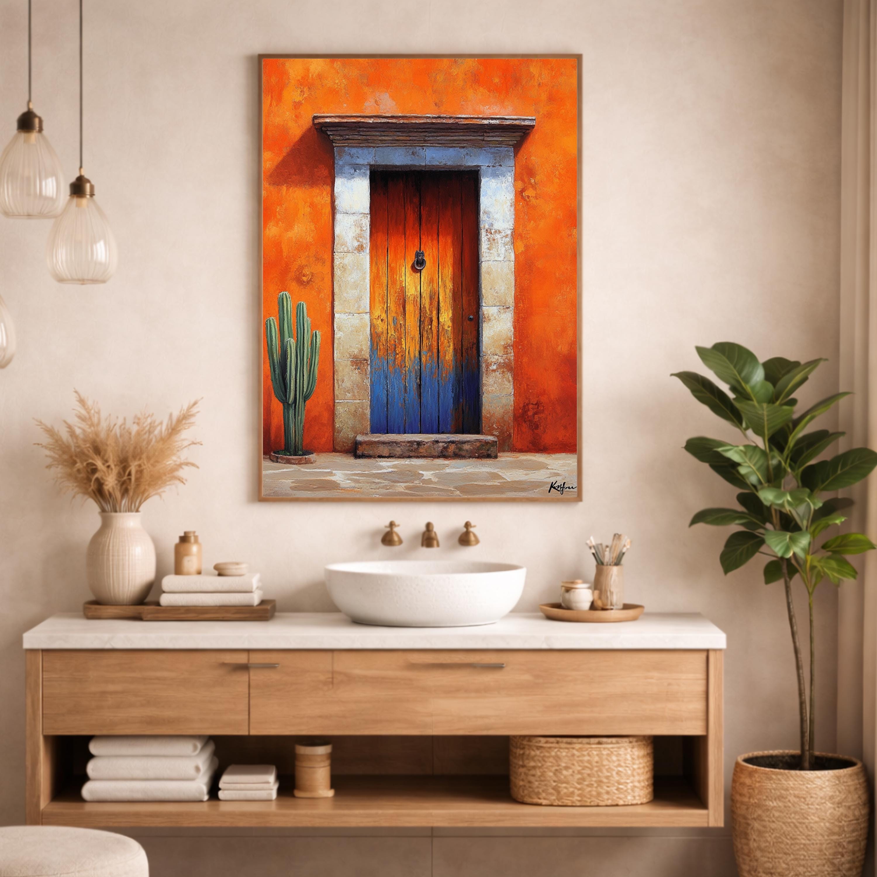 Terracotta Doorway Wall Art Print, Large Framed Sunbaked Adobe Door Canvas Decor, Warm Desert Living Room Wall Decor, Rustic Entry Home Art