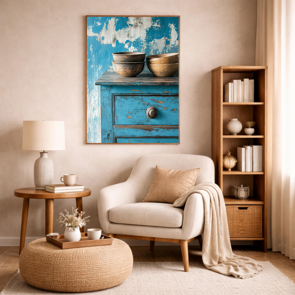 Weathered Blue Cabinet Wall Art Print, Rustic Kitchen Still Life Canvas, Large Frame Wood Bowl Farmhouse Decor,Distressed Furniture Wall Art