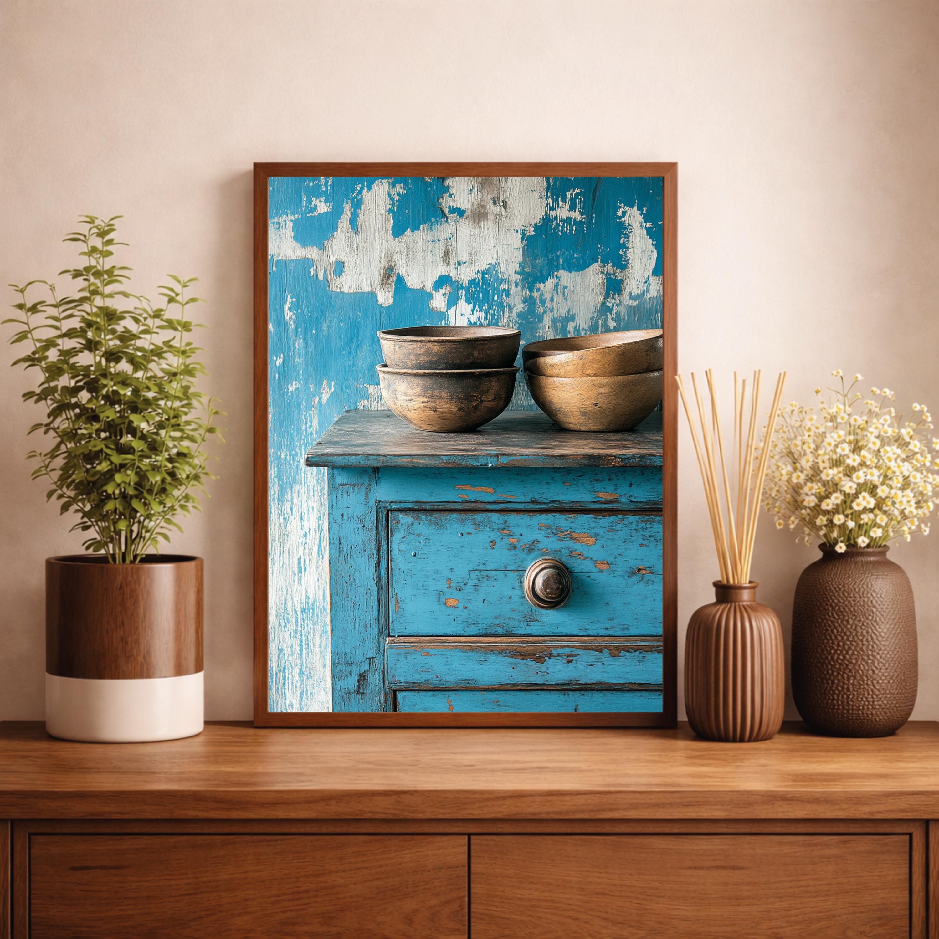 Weathered Blue Cabinet Wall Art Print, Rustic Kitchen Still Life Canvas, Large Frame Wood Bowl Farmhouse Decor,Distressed Furniture Wall Art