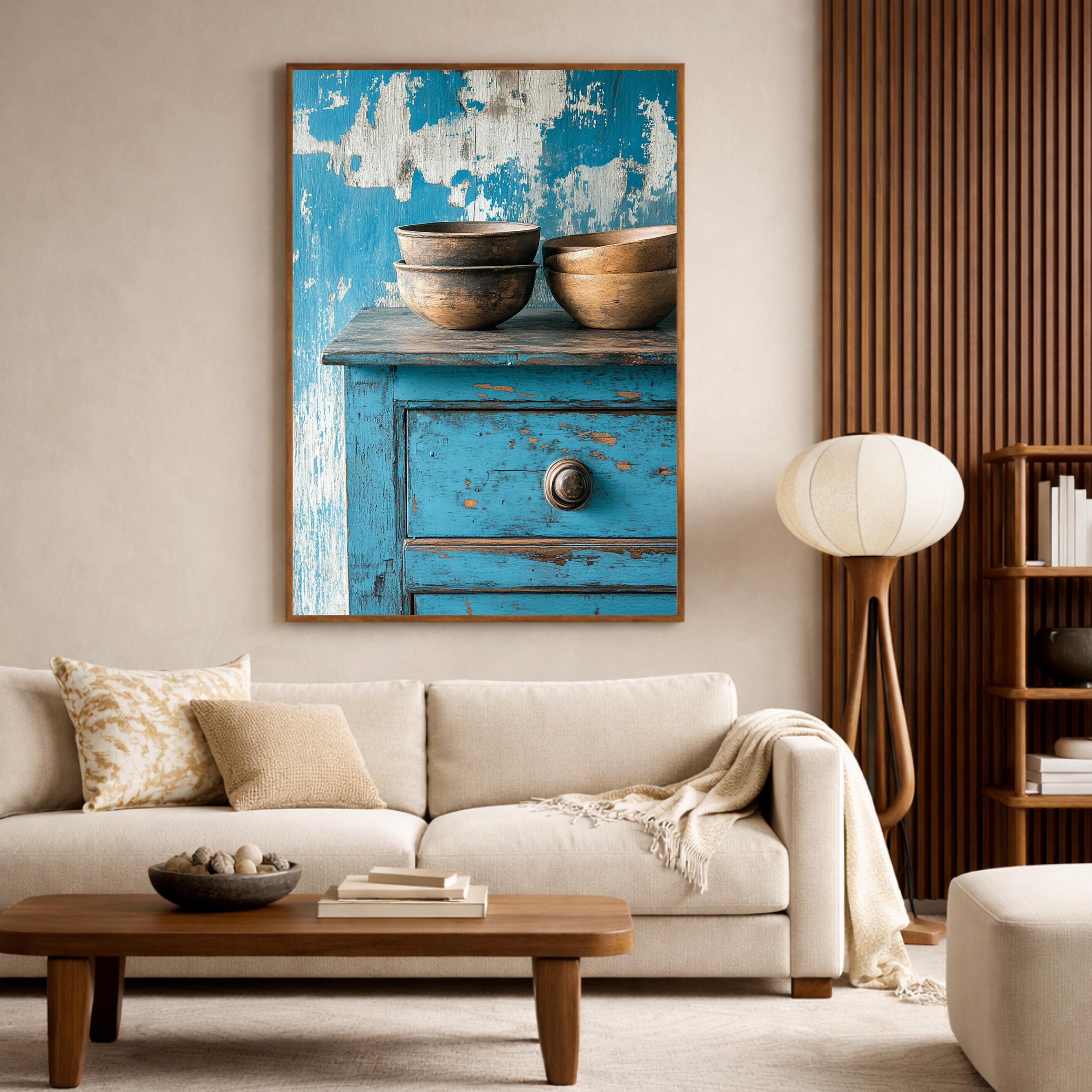 Weathered Blue Cabinet Wall Art Print, Rustic Kitchen Still Life Canvas, Large Frame Wood Bowl Farmhouse Decor,Distressed Furniture Wall Art