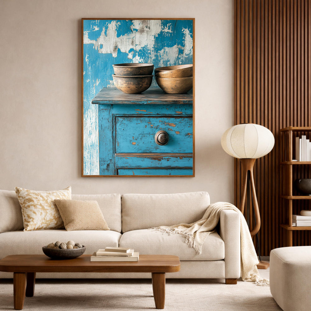 Weathered Blue Cabinet Wall Art Print, Rustic Kitchen Still Life Canvas, Large Frame Wood Bowl Farmhouse Decor,Distressed Furniture Wall Art