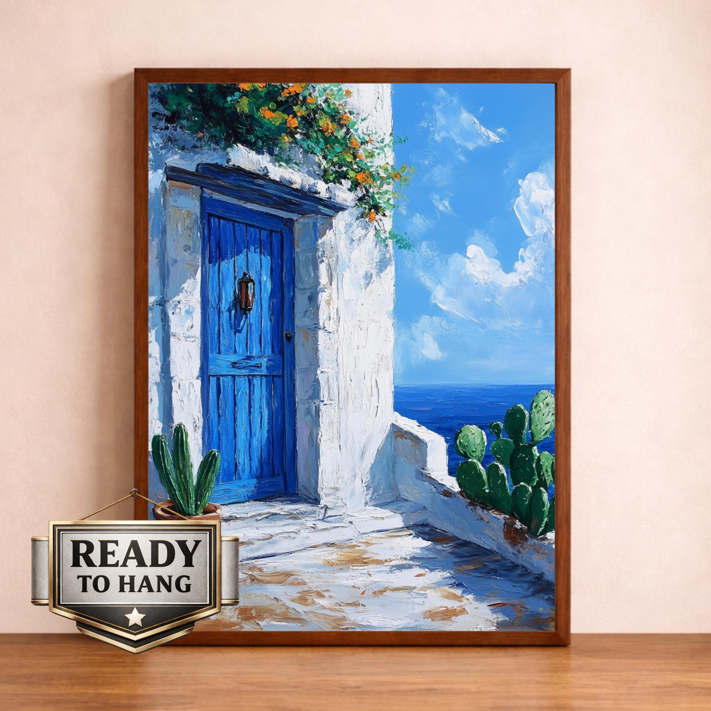 Seaside Blue Doorway Wall Art Print, Large Framed Sunlit Coastal Entry Canvas Decor, Mediterranean Living Room Wall Decor, European Home Art