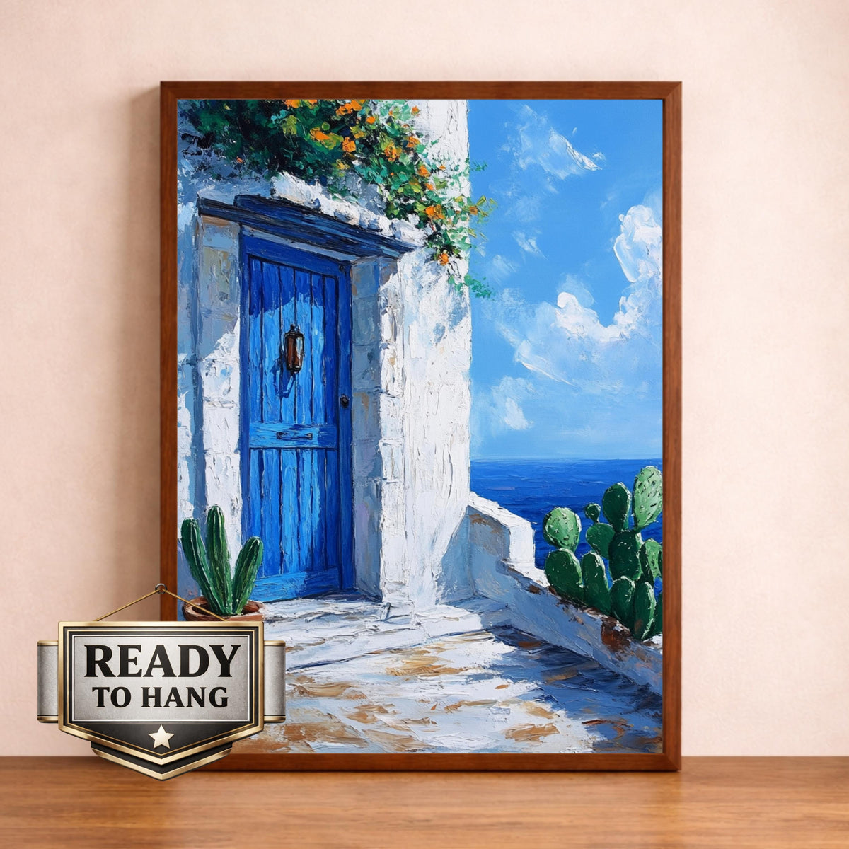 Seaside Blue Doorway Wall Art Print, Large Framed Sunlit Coastal Entry Canvas Decor, Mediterranean Living Room Wall Decor, European Home Art