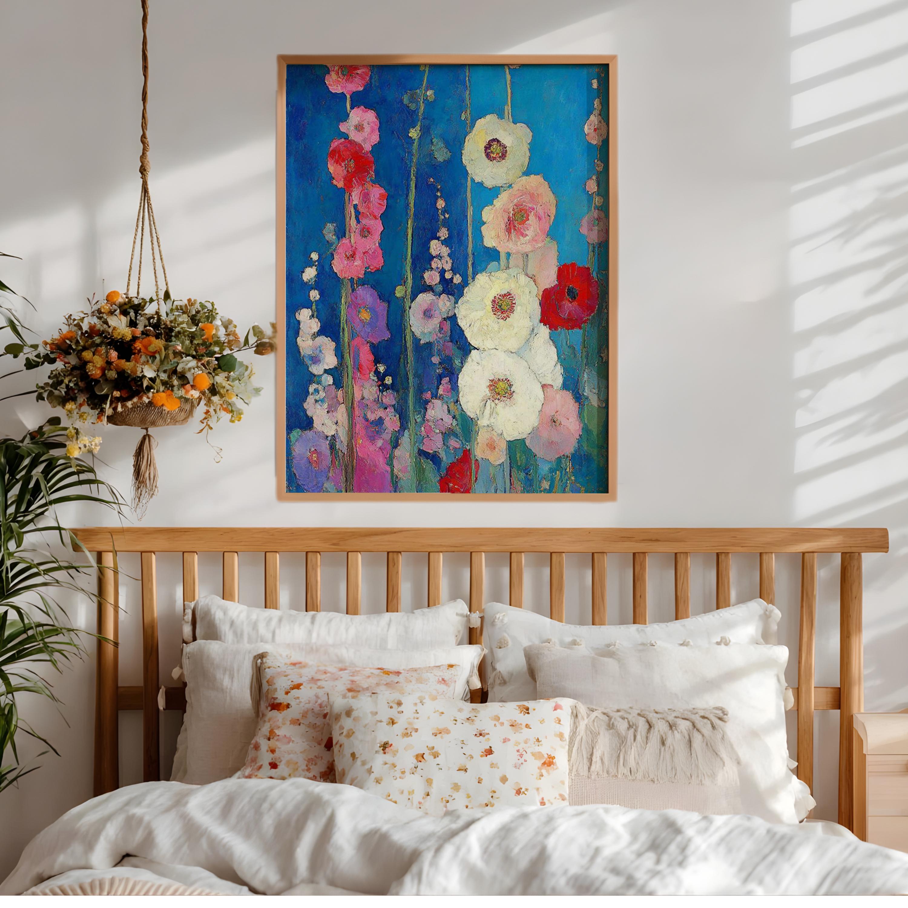 Blue Floral Wall Art, Vibrant Garden Flower Print, Rustic Cottage Framed Canvas, Botanical Home Decor, Colorful Bloom Accent