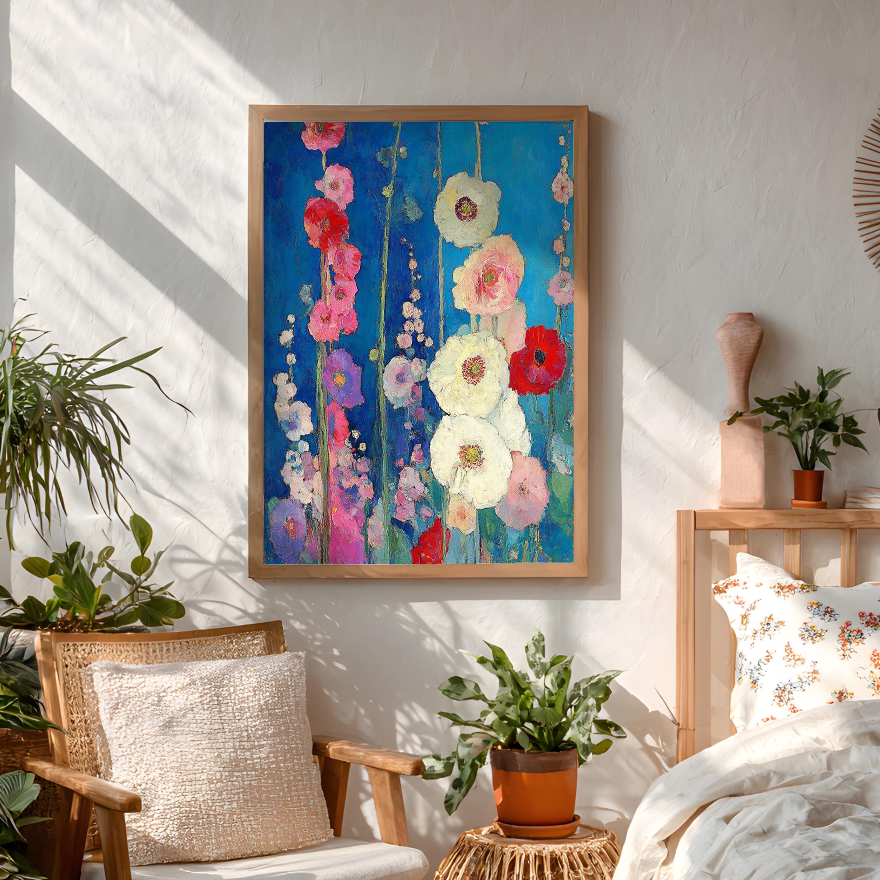 Blue Floral Wall Art, Vibrant Garden Flower Print, Rustic Cottage Framed Canvas, Botanical Home Decor, Colorful Bloom Accent