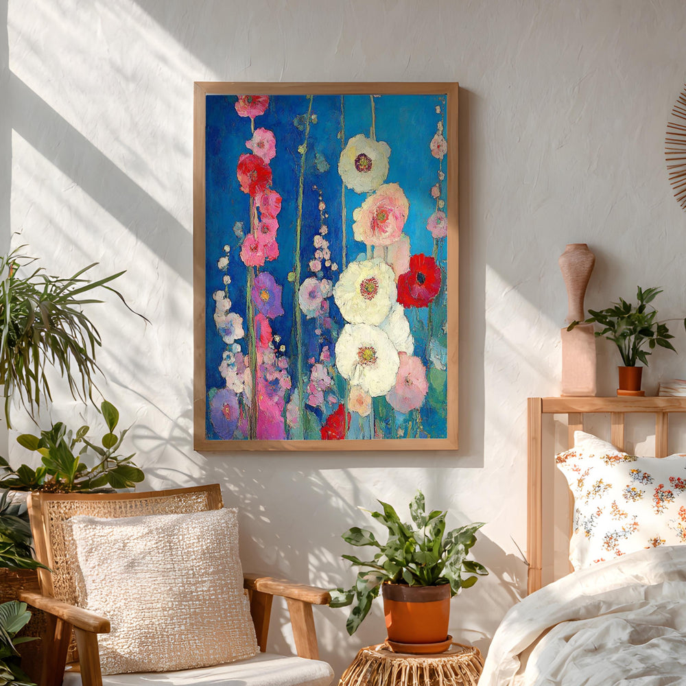 Blue Floral Wall Art, Vibrant Garden Flower Print, Rustic Cottage Framed Canvas, Botanical Home Decor, Colorful Bloom Accent