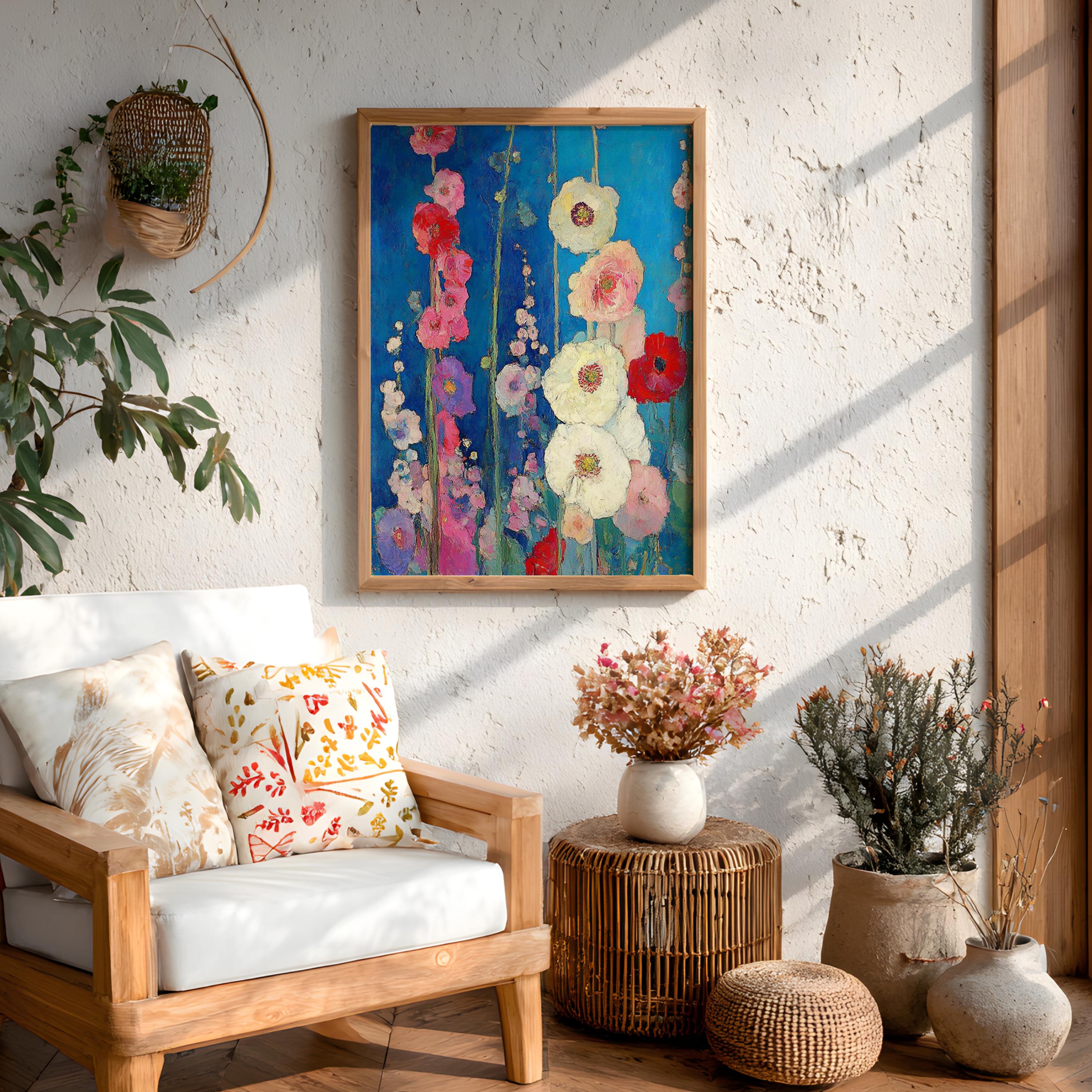 Blue Floral Wall Art, Vibrant Garden Flower Print, Rustic Cottage Framed Canvas, Botanical Home Decor, Colorful Bloom Accent