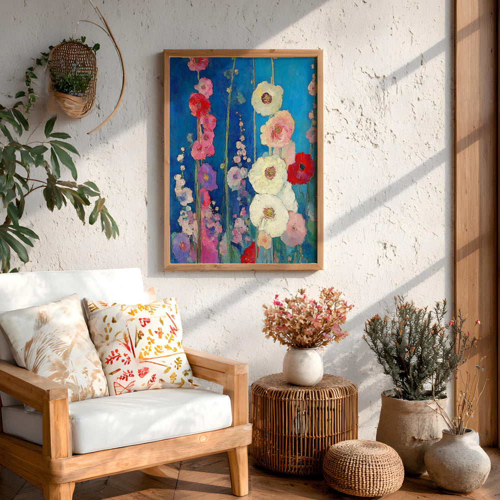 Blue Floral Wall Art, Vibrant Garden Flower Print, Rustic Cottage Framed Canvas, Botanical Home Decor, Colorful Bloom Accent