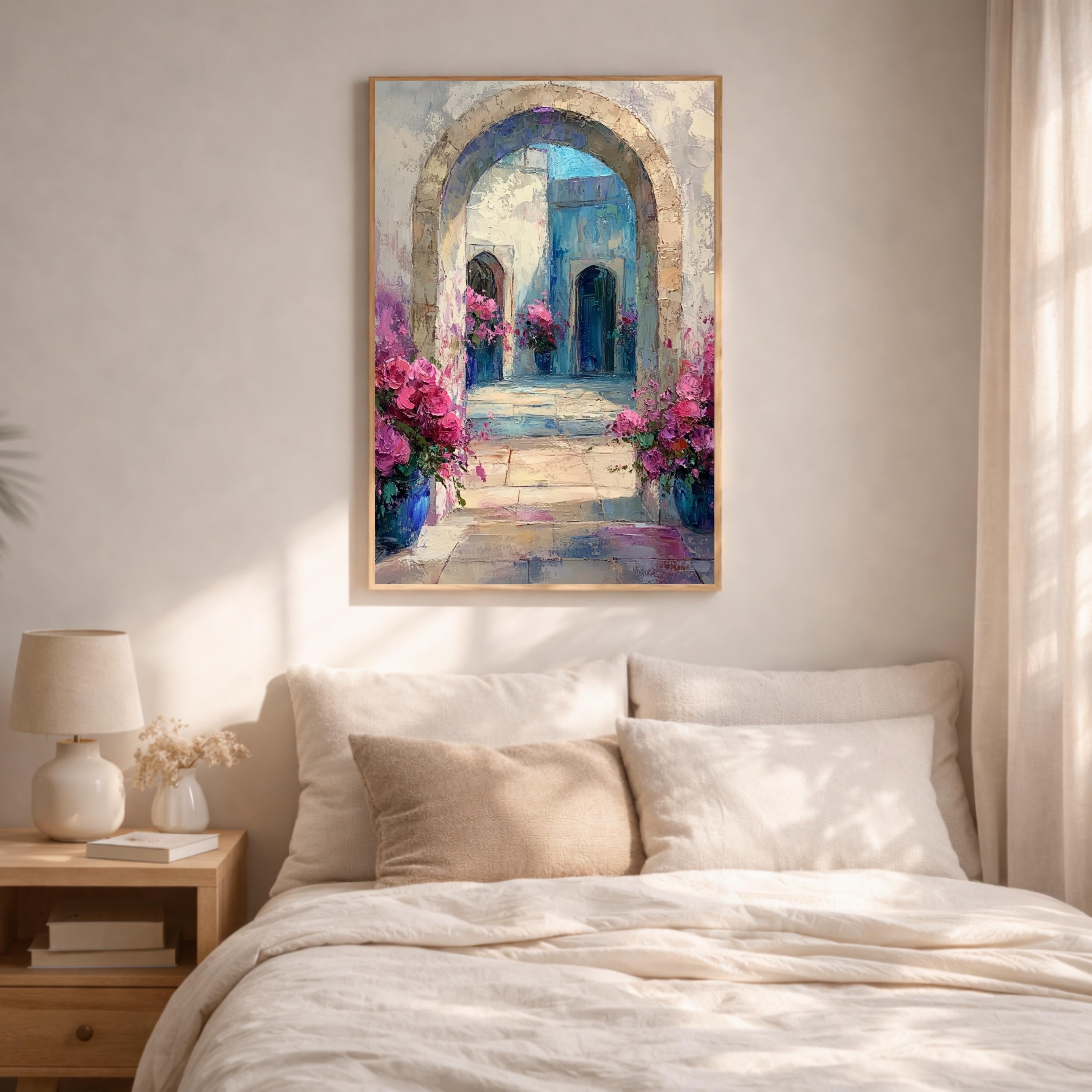 Mediterranean Archway Wall Art, Blue Door Floral Courtyard Framed Canvas, European Garden Artwork Print, Romantic Home Decor