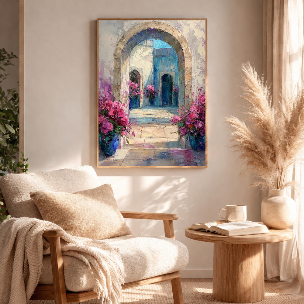Mediterranean Archway Wall Art, Blue Door Floral Courtyard Framed Canvas, European Garden Artwork Print, Romantic Home Decor