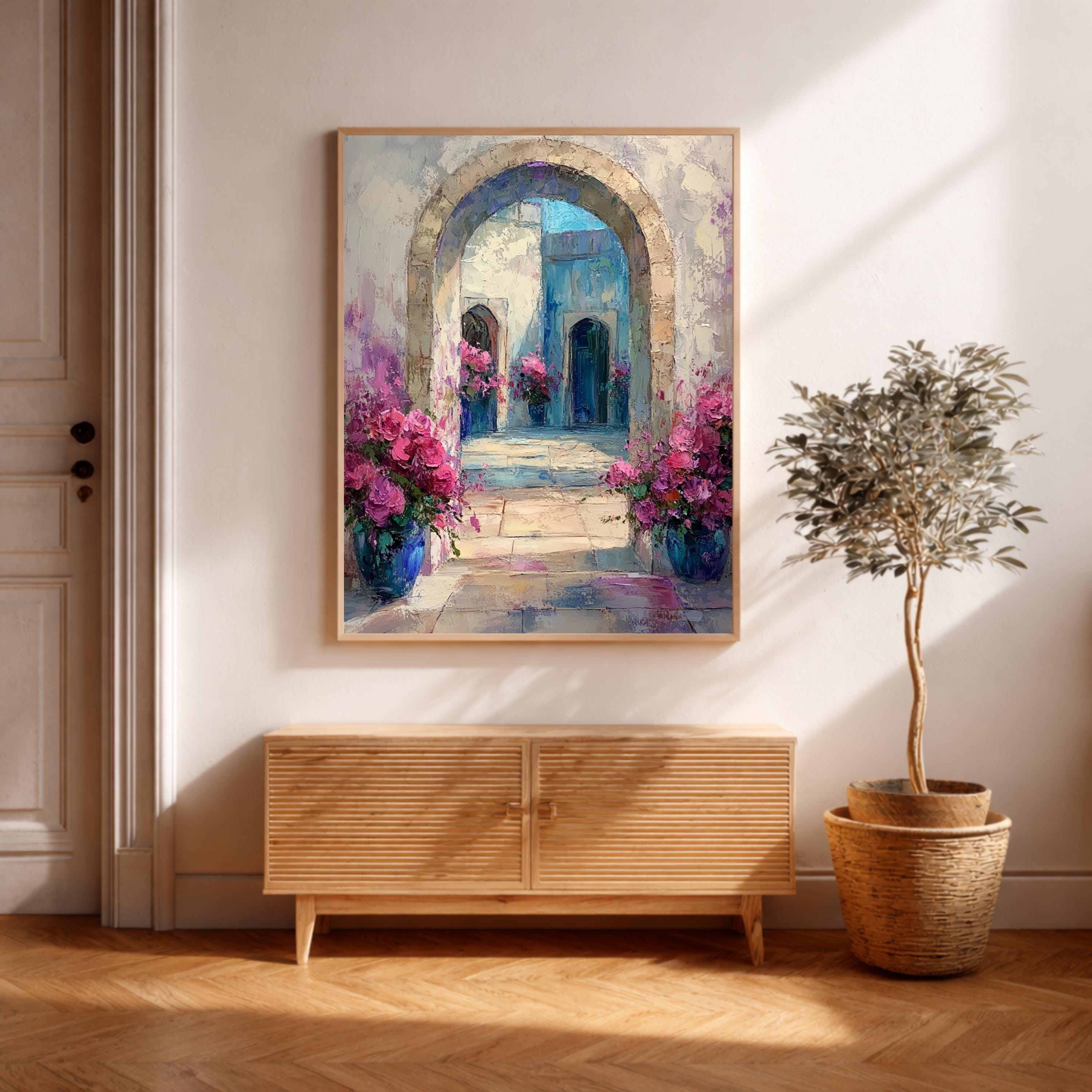 Mediterranean Archway Wall Art, Blue Door Floral Courtyard Framed Canvas, European Garden Artwork Print, Romantic Home Decor
