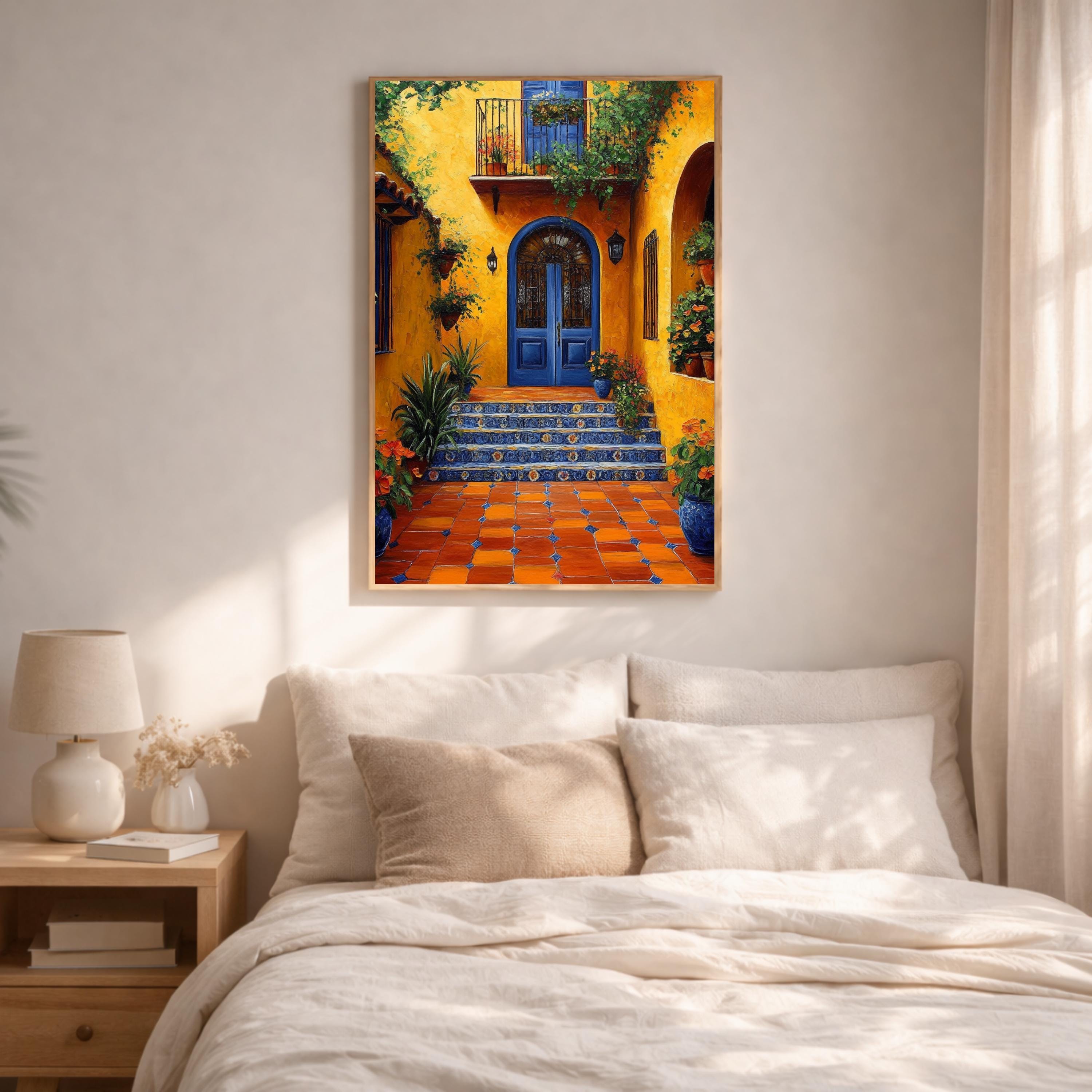Spanish Courtyard Wall Art, Yellow Villa Door Framed Canvas, Mediterranean Patio Floral Artwork Print, Vibrant Rustic Home Decor