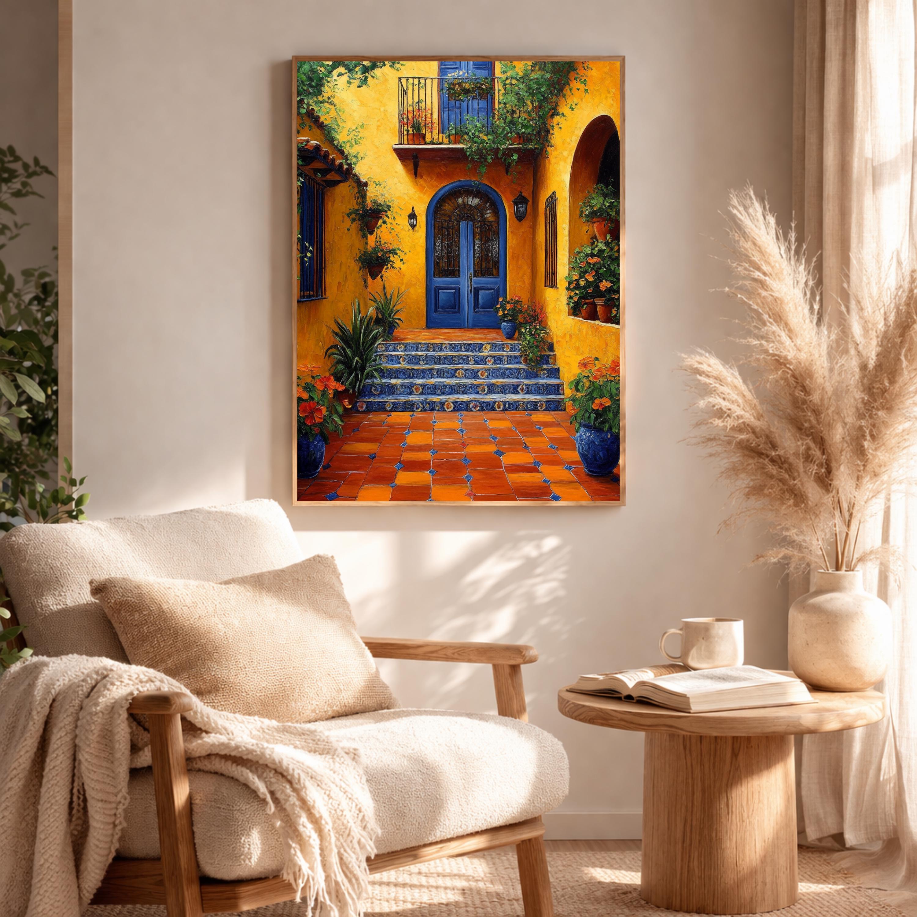 Spanish Courtyard Wall Art, Yellow Villa Door Framed Canvas, Mediterranean Patio Floral Artwork Print, Vibrant Rustic Home Decor