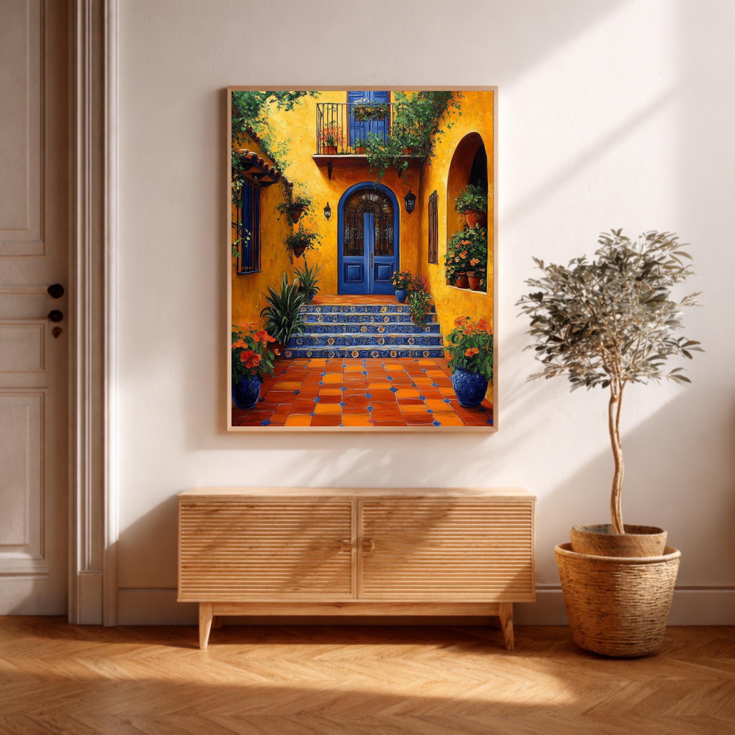Spanish Courtyard Wall Art, Yellow Villa Door Framed Canvas, Mediterranean Patio Floral Artwork Print, Vibrant Rustic Home Decor