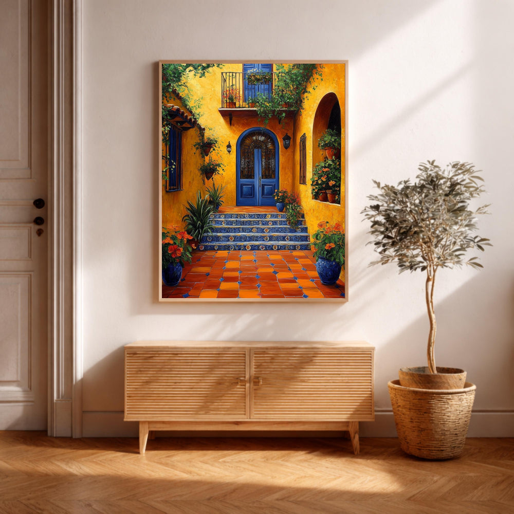 Spanish Courtyard Wall Art, Yellow Villa Door Framed Canvas, Mediterranean Patio Floral Artwork Print, Vibrant Rustic Home Decor