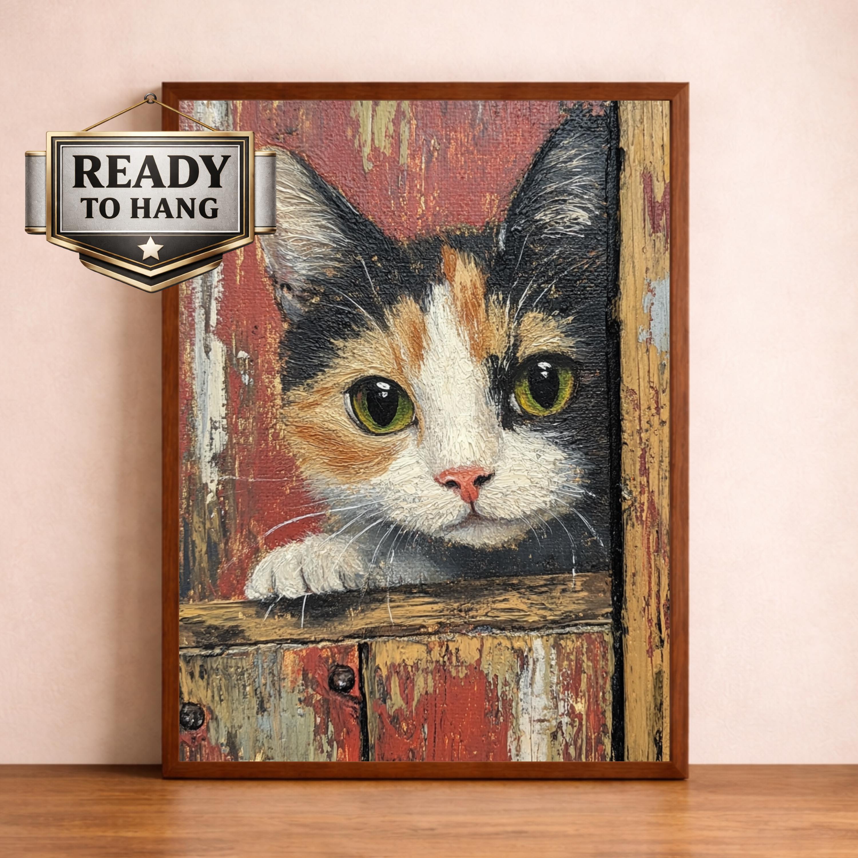 Rustic Kitten Portrait Wall Art Print, Vintage Farmhouse Cat Canvas Decor, Cozy Cottage Living Room Wall Decor, Large Framed Animal Wall Art