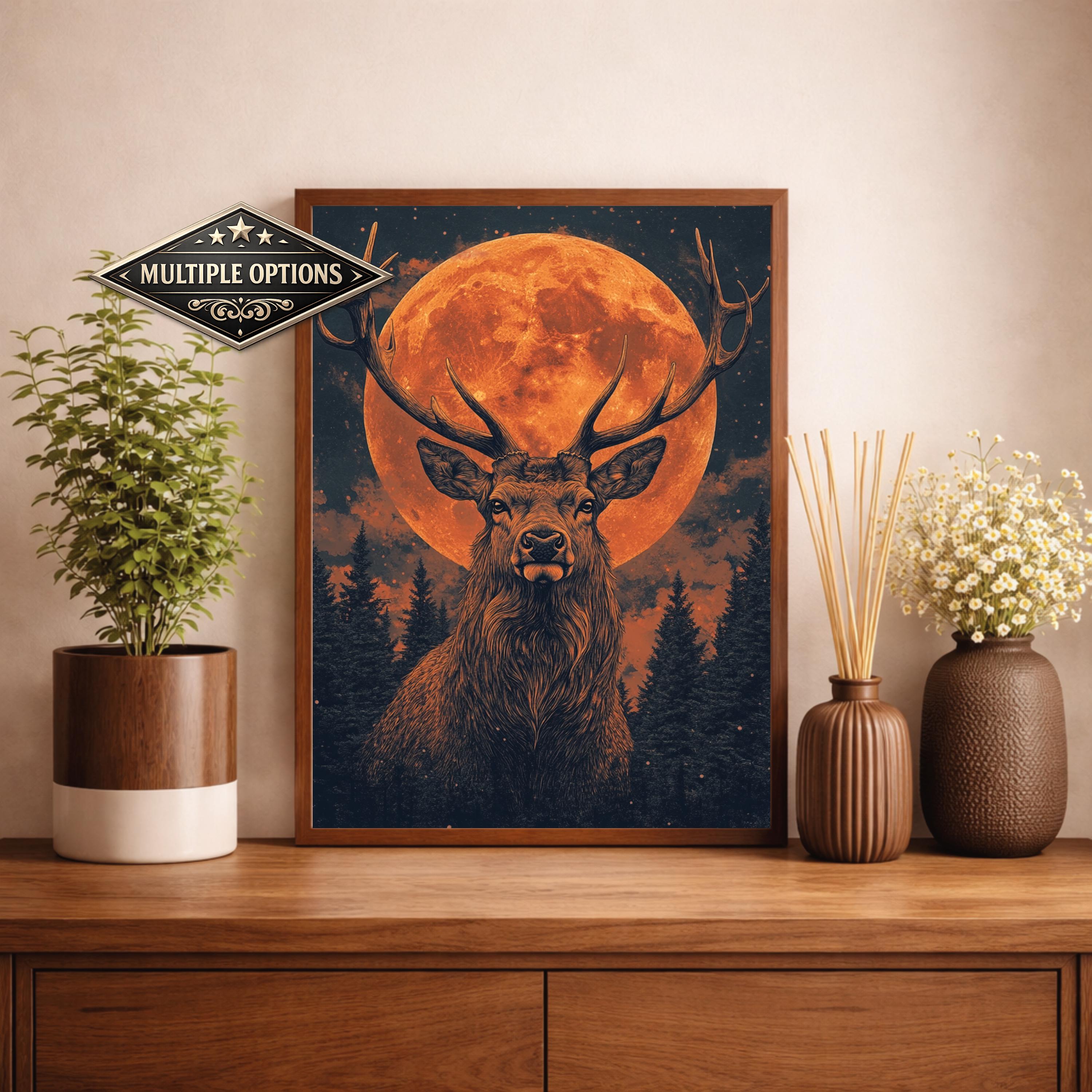 Lunar Stag Portrait Wall Art Print, Ember Moon Deer Canvas Decor, Night Forest Living Room Wall Decor, Rustic Cabin Animal Wall Art