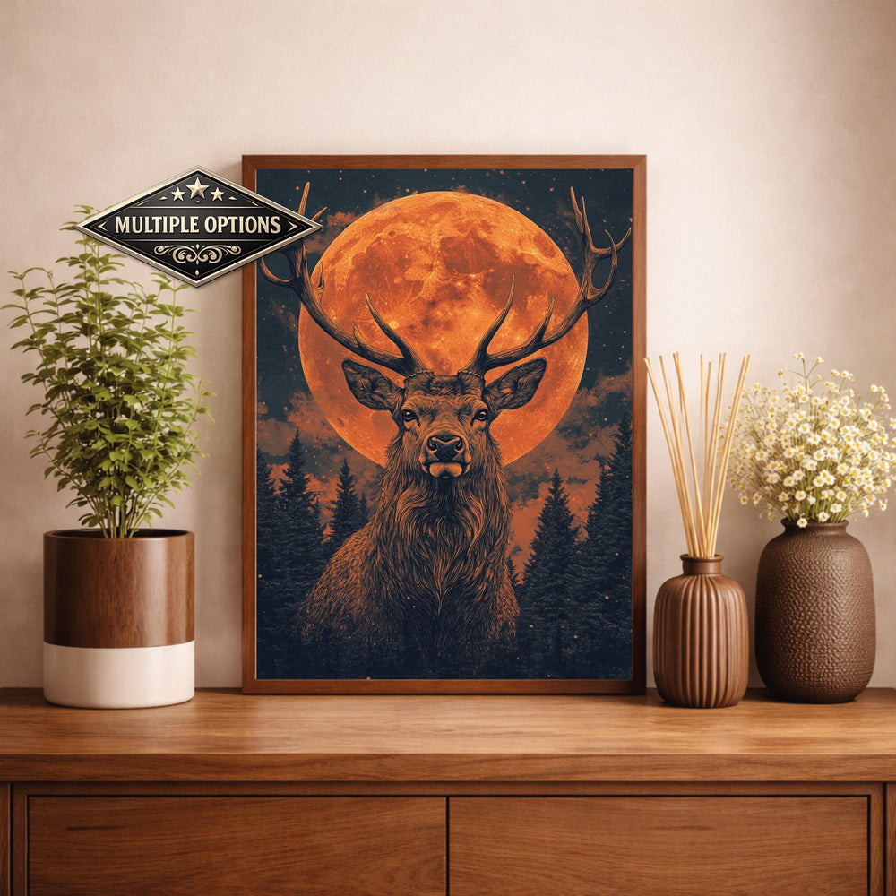 Lunar Stag Portrait Wall Art Print, Ember Moon Deer Canvas Decor, Night Forest Living Room Wall Decor, Rustic Cabin Animal Wall Art
