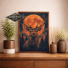 Lunar Stag Portrait Wall Art Print, Ember Moon Deer Canvas Decor, Night Forest Living Room Wall Decor, Rustic Cabin Animal Wall Art
