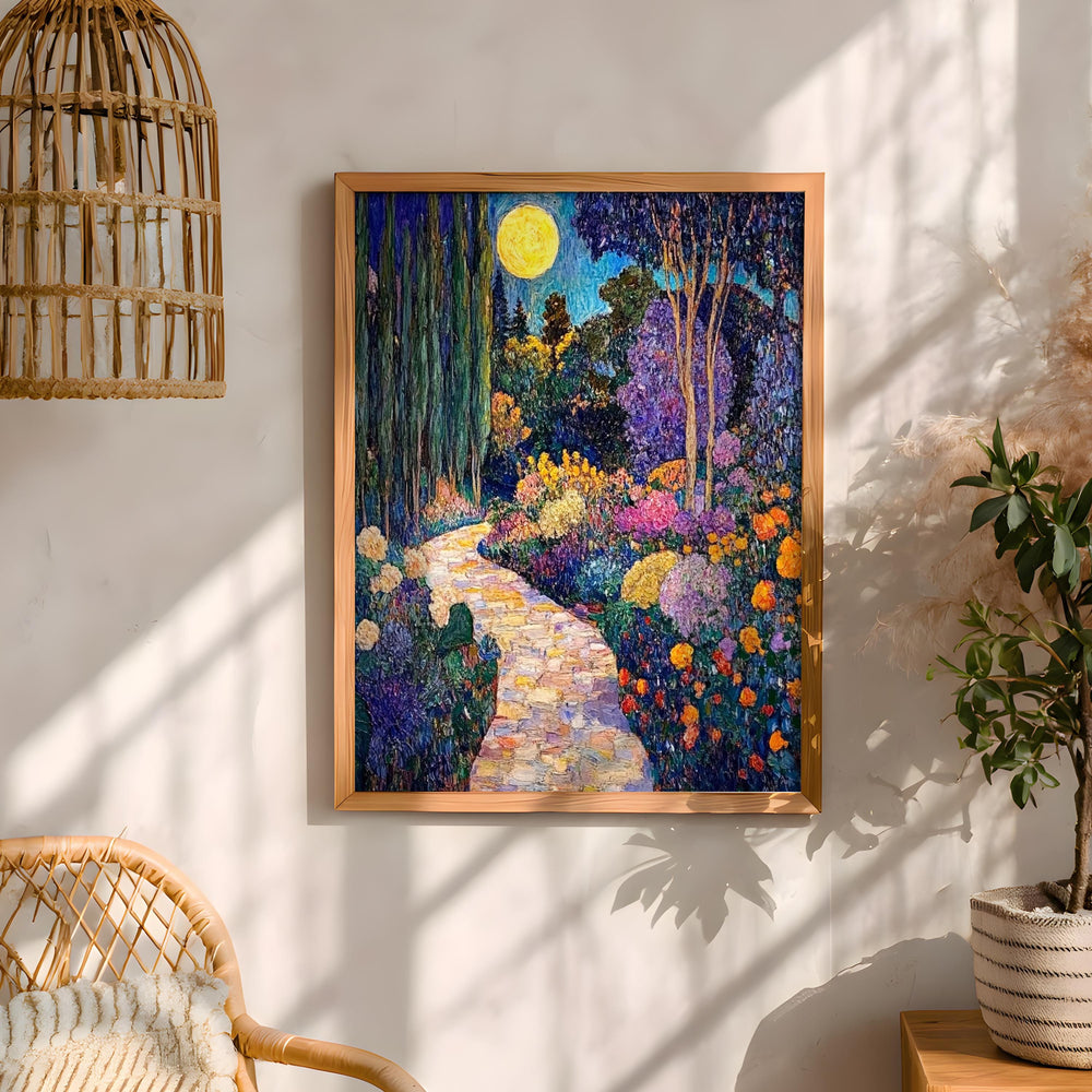 Moonlit Garden Wall Art, Night Floral Landscape Print, Romantic Cottage Framed Canvas, Vintage Inspired Home Decor, Dreamy Path Accent